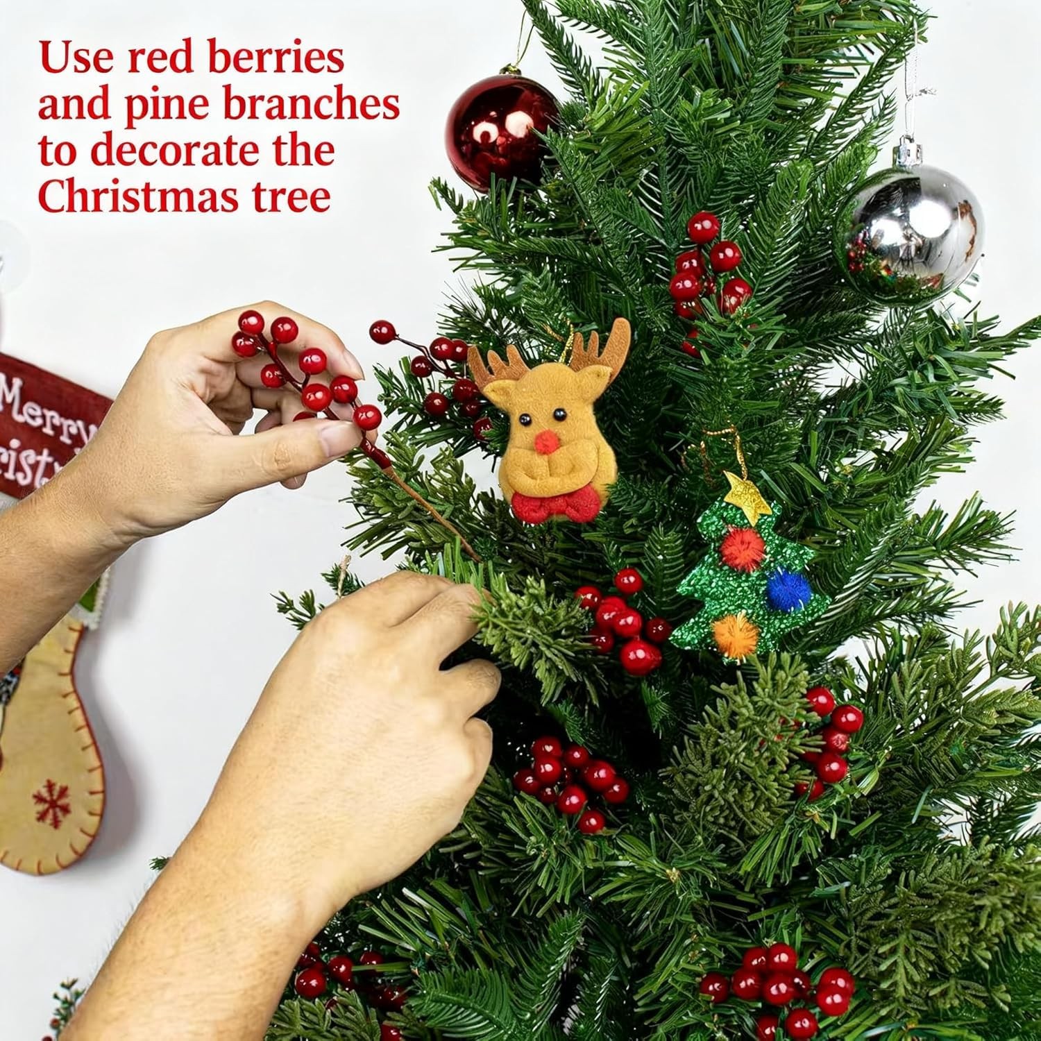 Christmas Artificial Pine Branches with Red Berry Stems 10″ Home Decorations