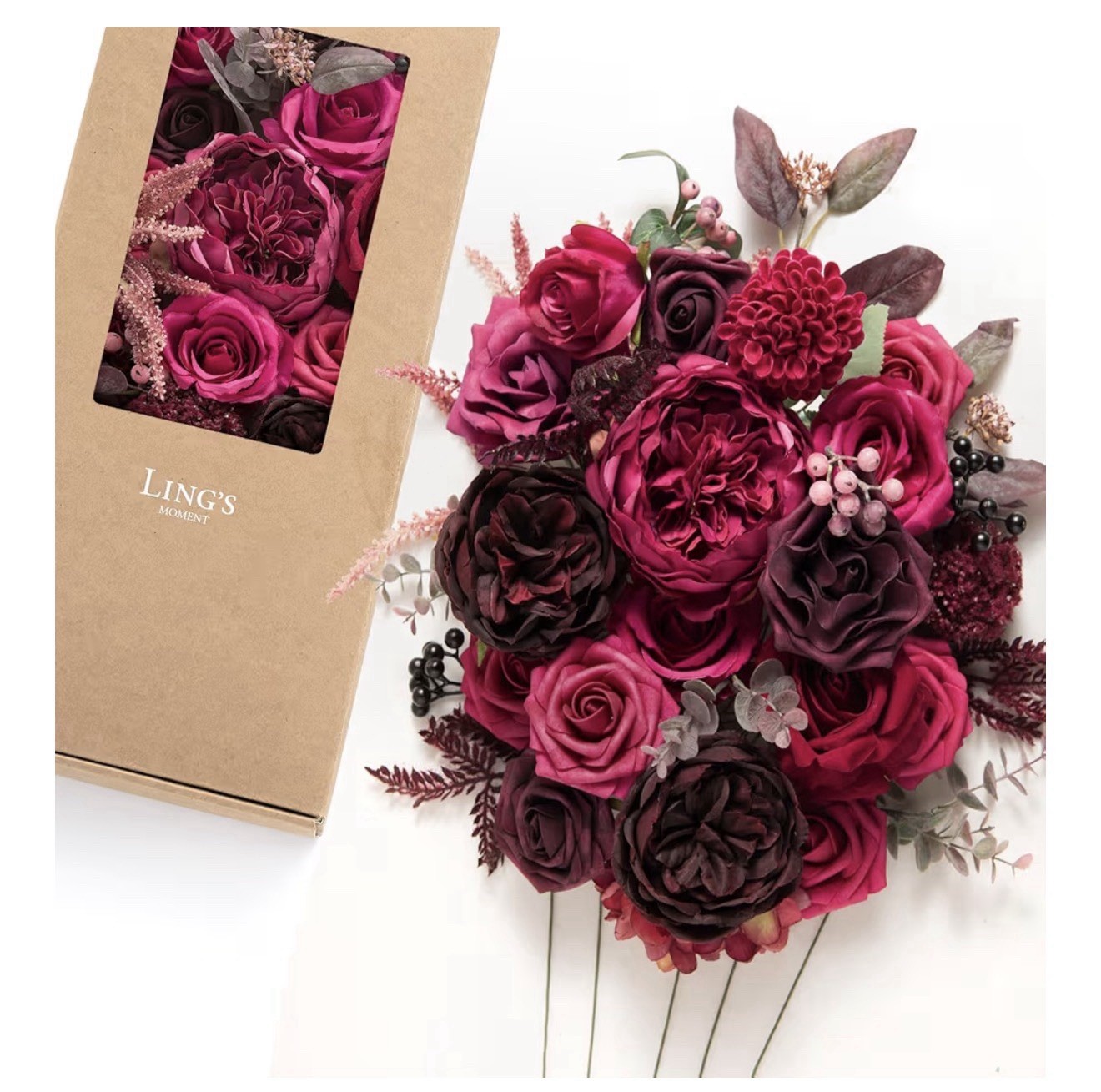 Ling’s Moment Fake Flowers Box, Faux Artificial Greenery Stems Foam Roses Berry