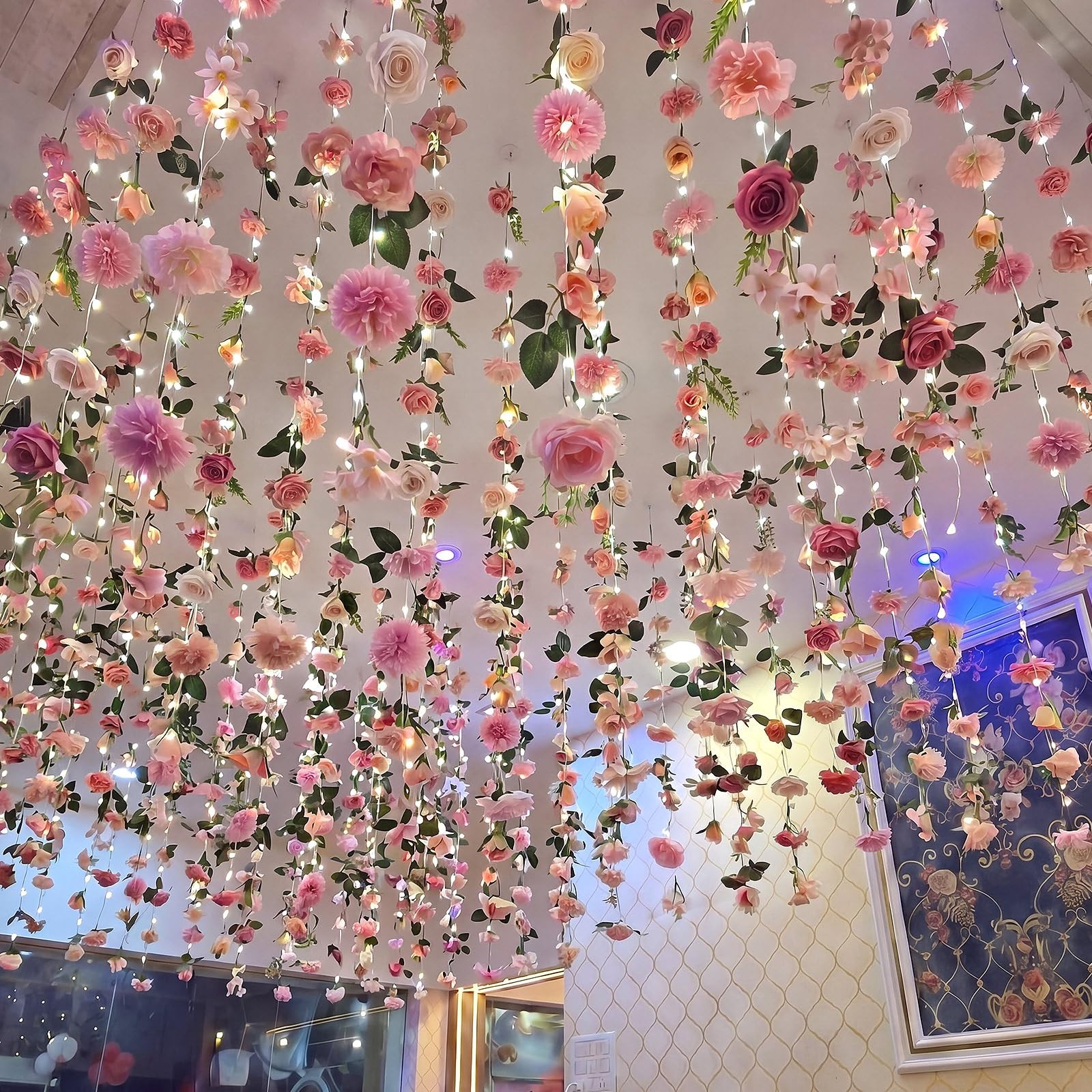 6 Pack 35.4ft Fake Flower Garland Backdrop with Lights Hanging Wildflower Flo…