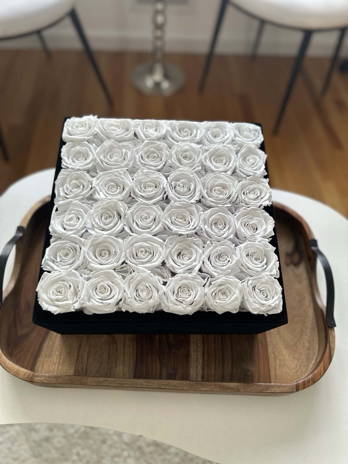 Rose Forever White Artificial Roses Black Square Flower Box Arrangement