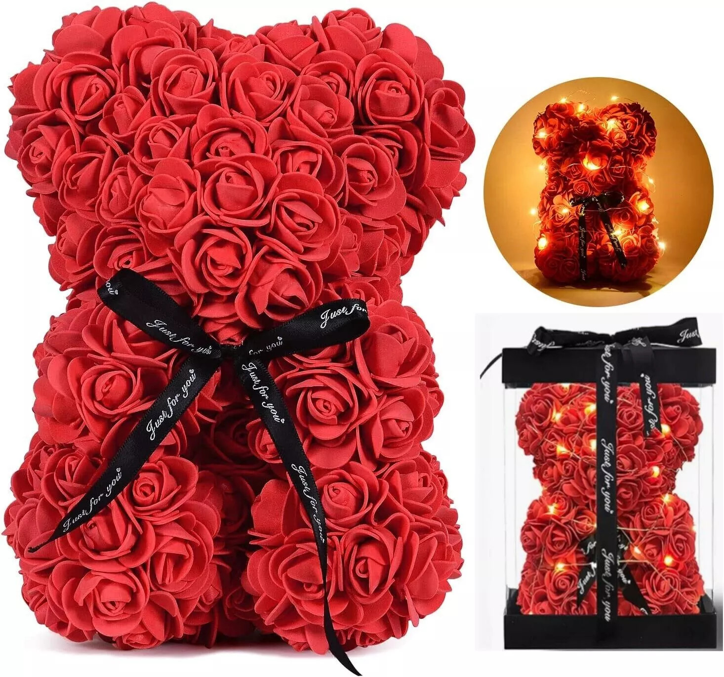 Teddy Bear Rose 25cm Flower Rose Bear with Box ＆ Led Light Valentines Gift