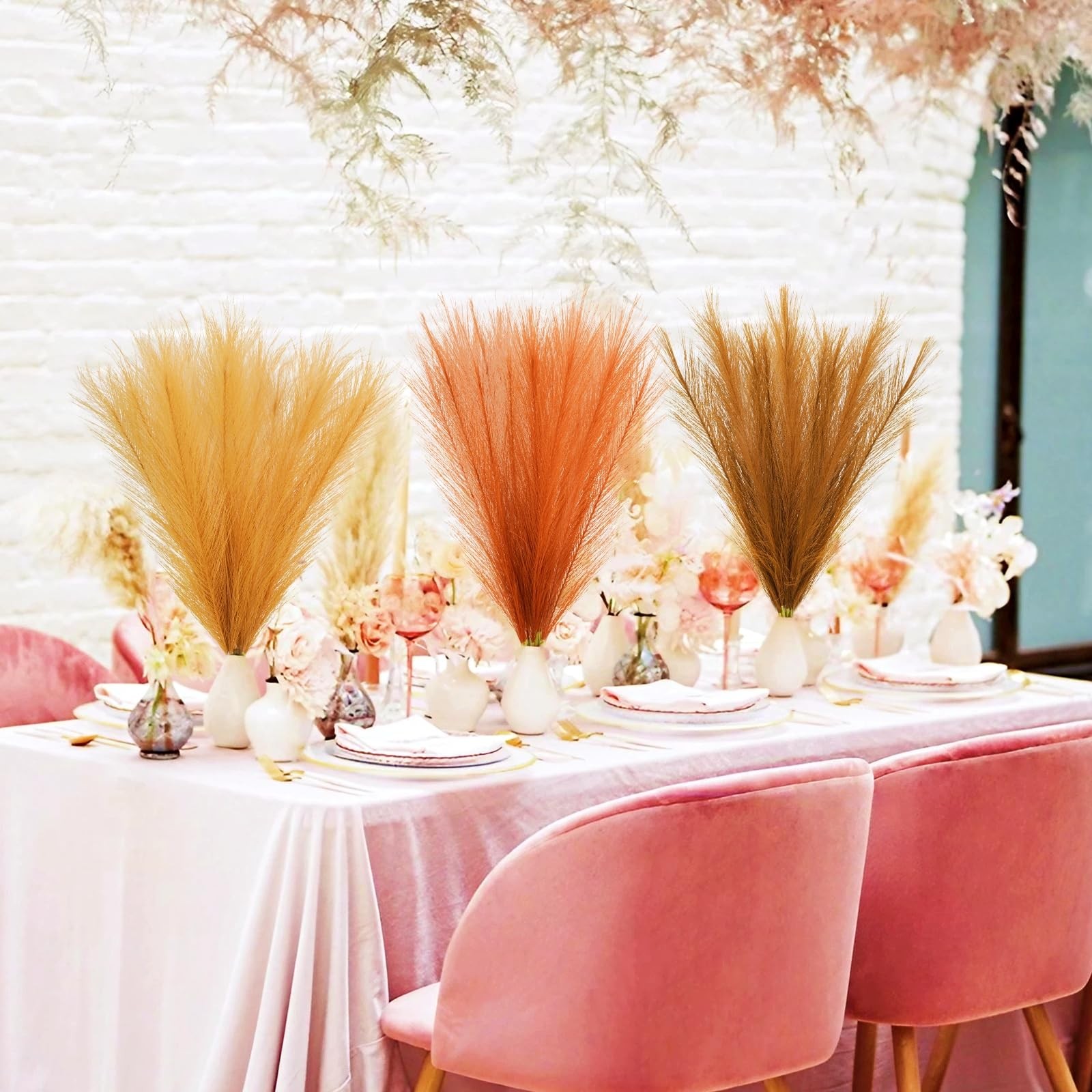 150pcs Orange Pampas Grass, 21.6in Fluffy Faux Colored Pompas Grass Short Art…