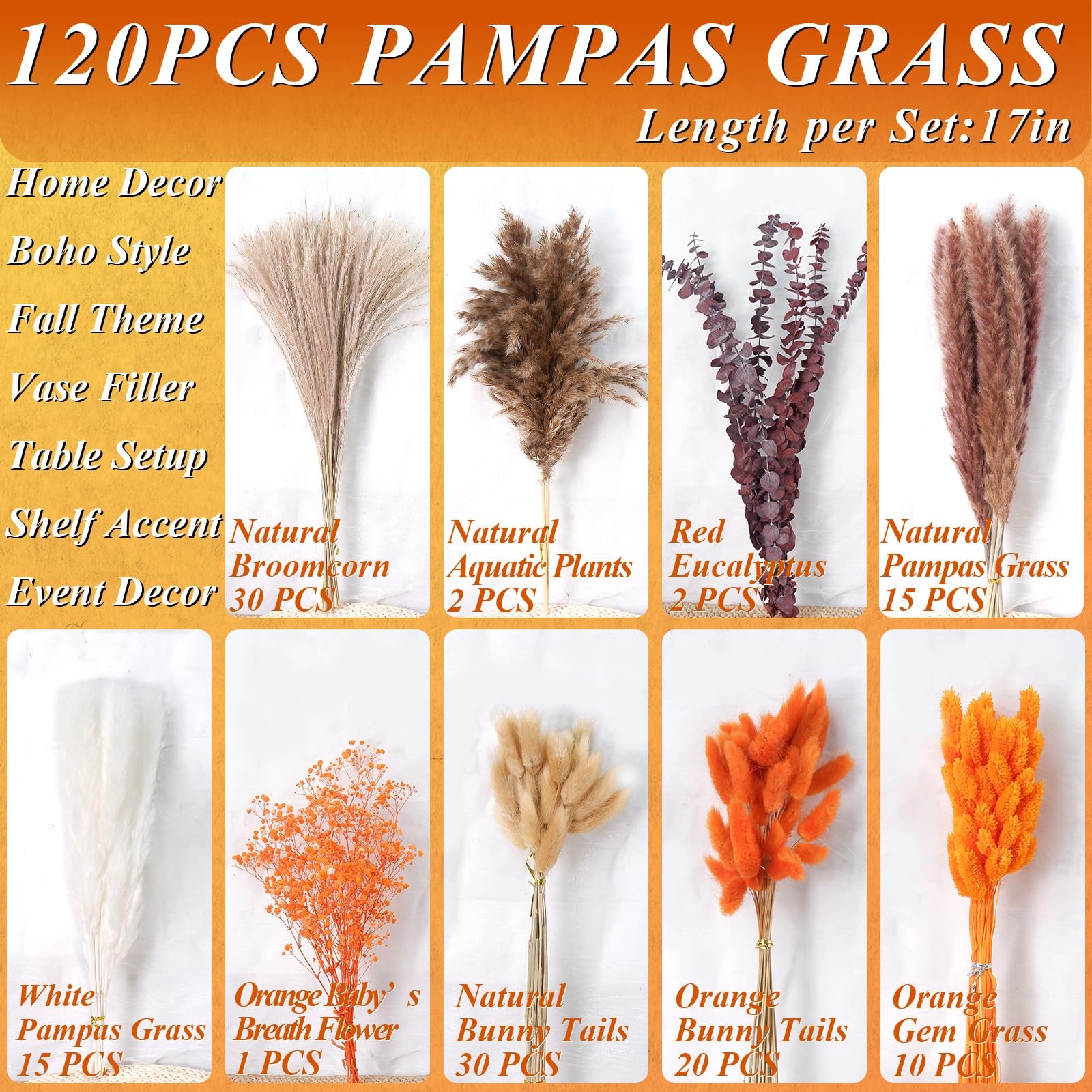 120Pcs Orange Dried Pampas Grass Bouquet, 17” Natural Baby’s Breath, Bunny T…