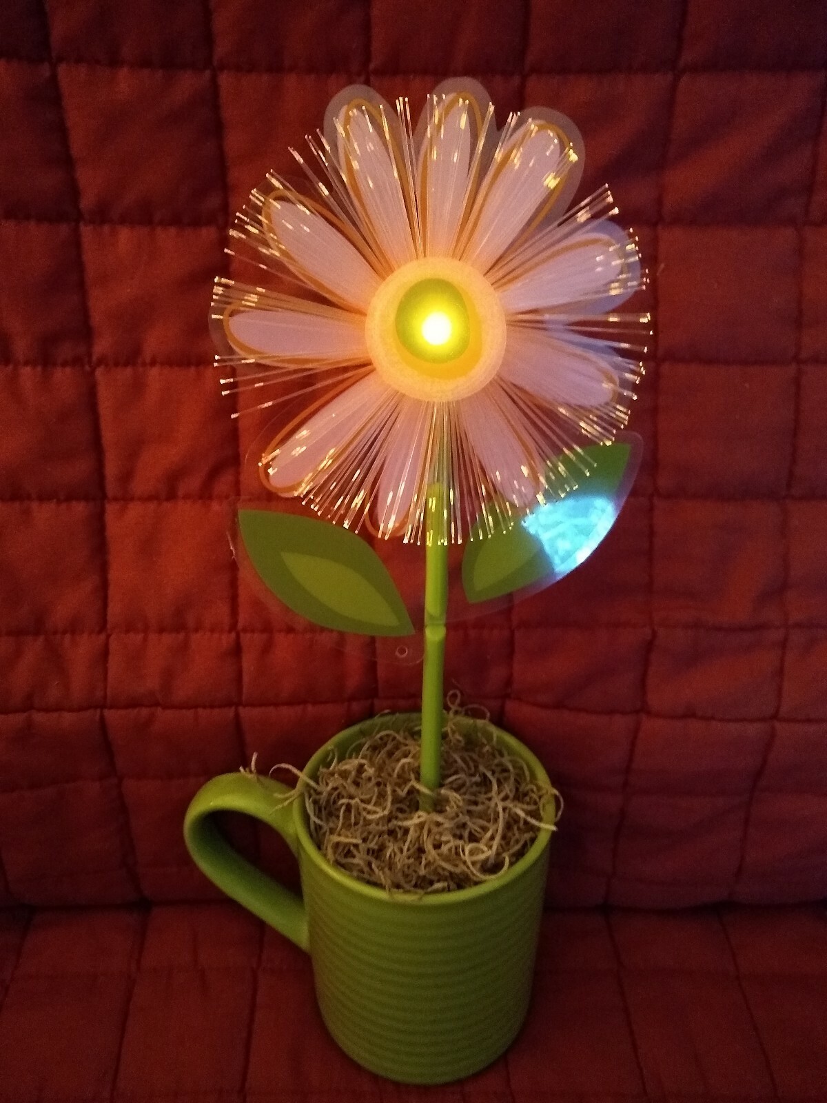Fiber Optic Color Changing Plastic Flower Daisy in a Green Ceramic Mug Pot