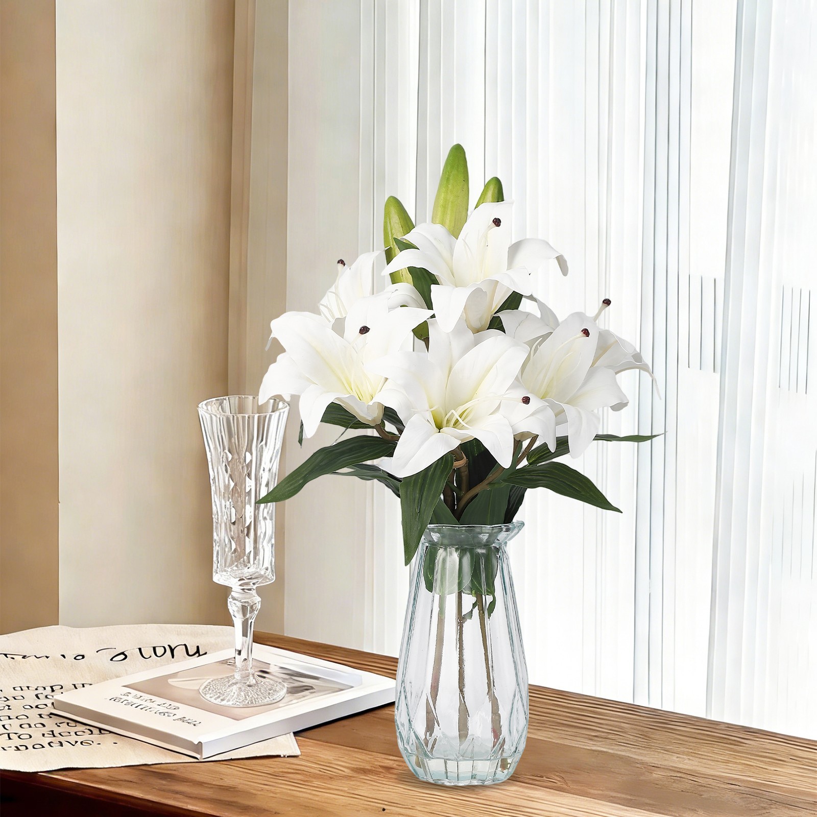 6 Flowers & 3 Bud Lily Flowers Artificial Lillies with Glass Vase for Home Decor