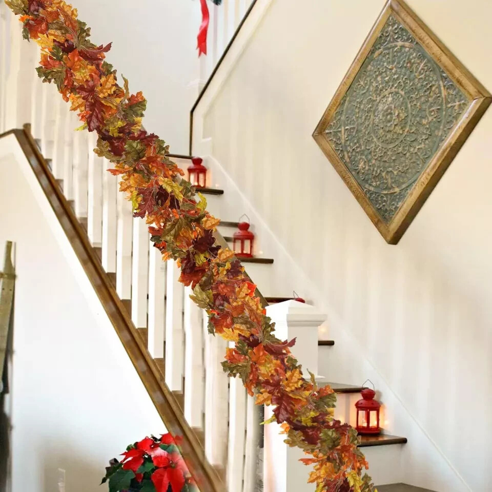 4 Pack Fall Oak Leaves Garland Artificial 5.2Ft Fake Autumn Leaf Foliage Garland