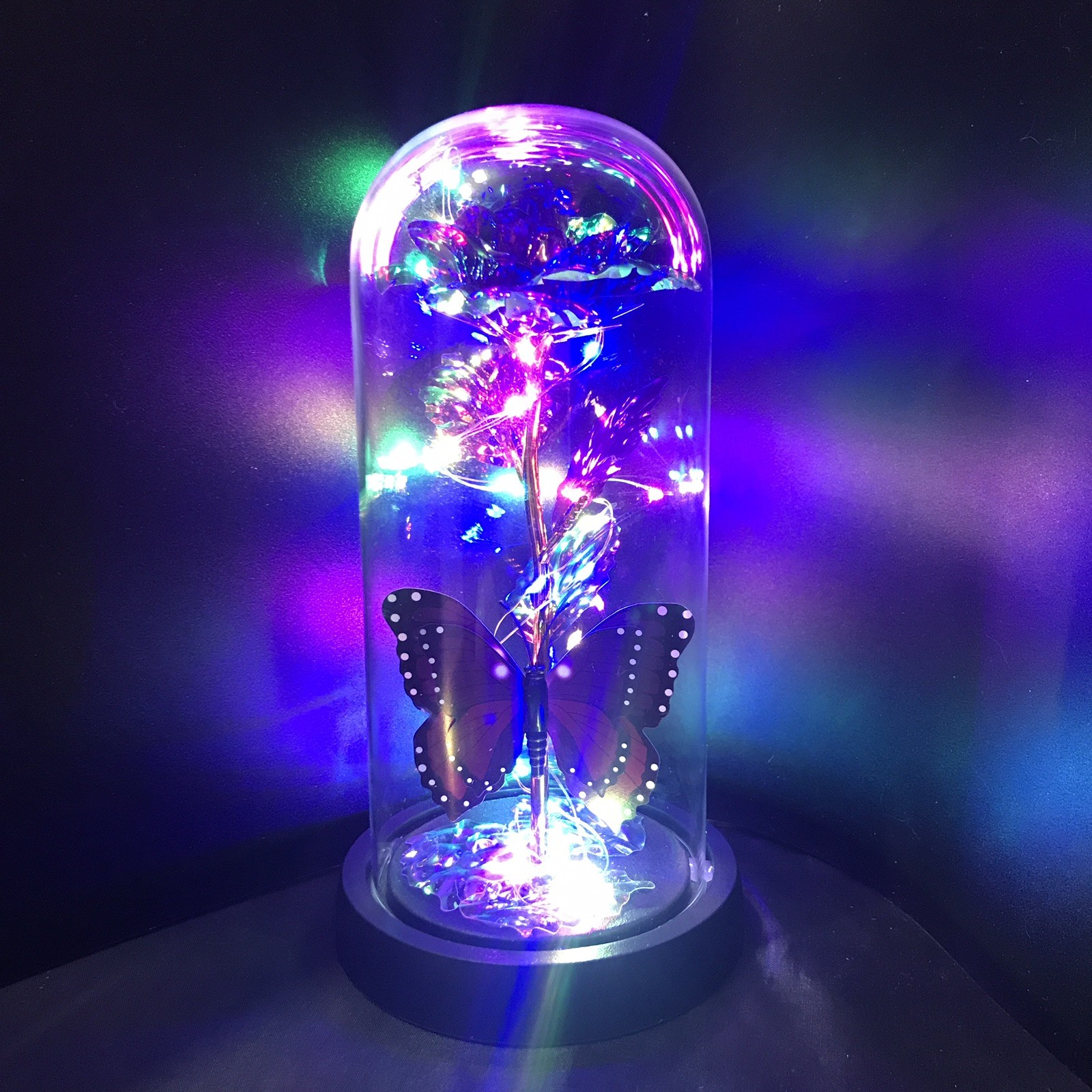 Foil Rose Flower Glass Dome LED Lights with a Butterfly Gift to a Special Person