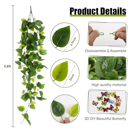 2pcs Artificial Hanging Plants, 3.6FT Fake Hanging Plants, Faux Pothos Vines