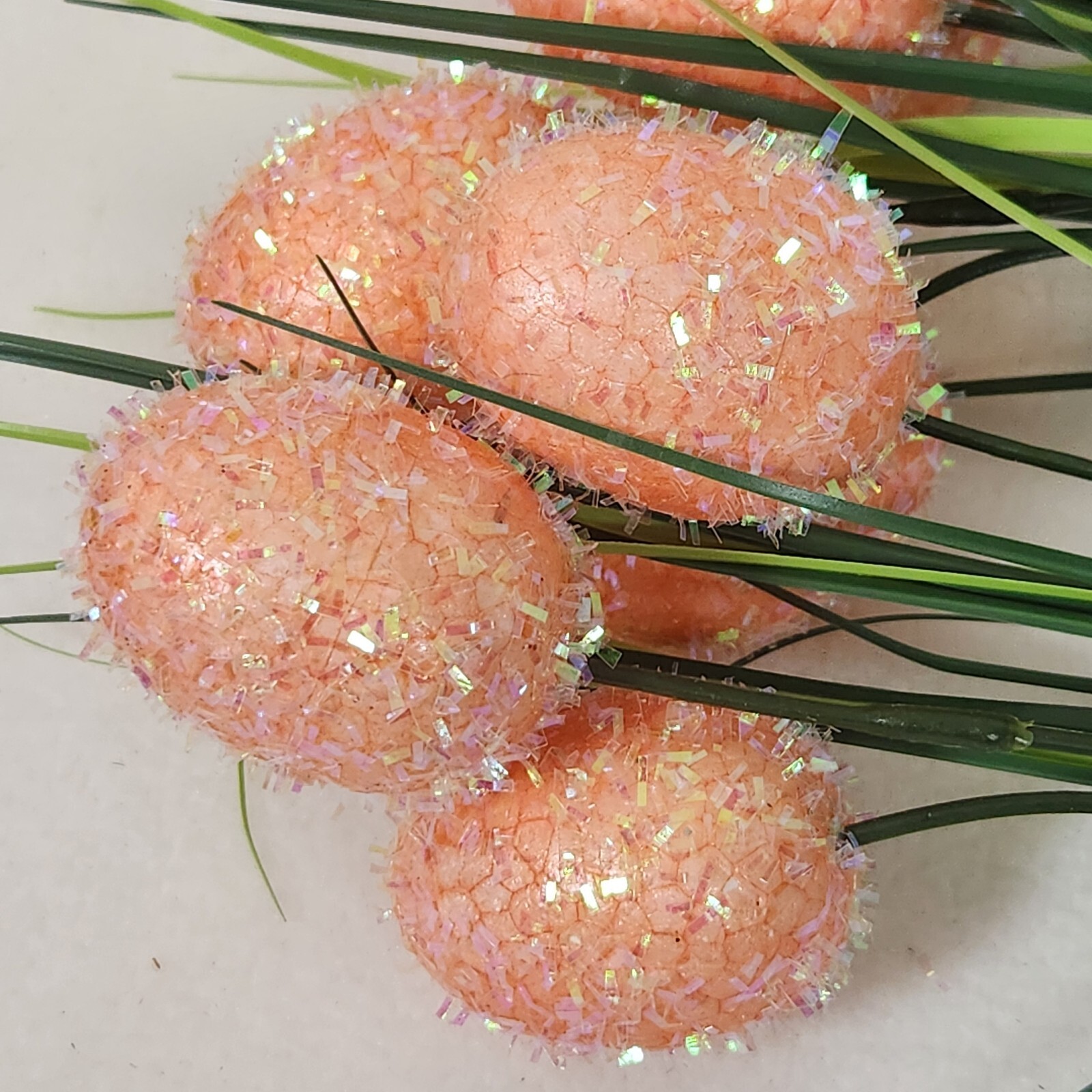 Set of 3 Faux Floral Pick~Onion Grass+Peach Glittery Easter Eggs SPRING DECOR