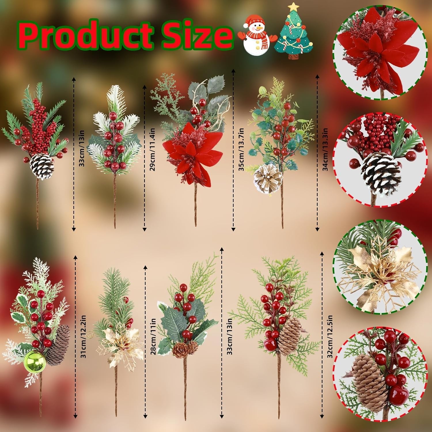 Artificial Christmas Picks 8 Pack Red Berries Stems Evergreen Faux Pine Branc…