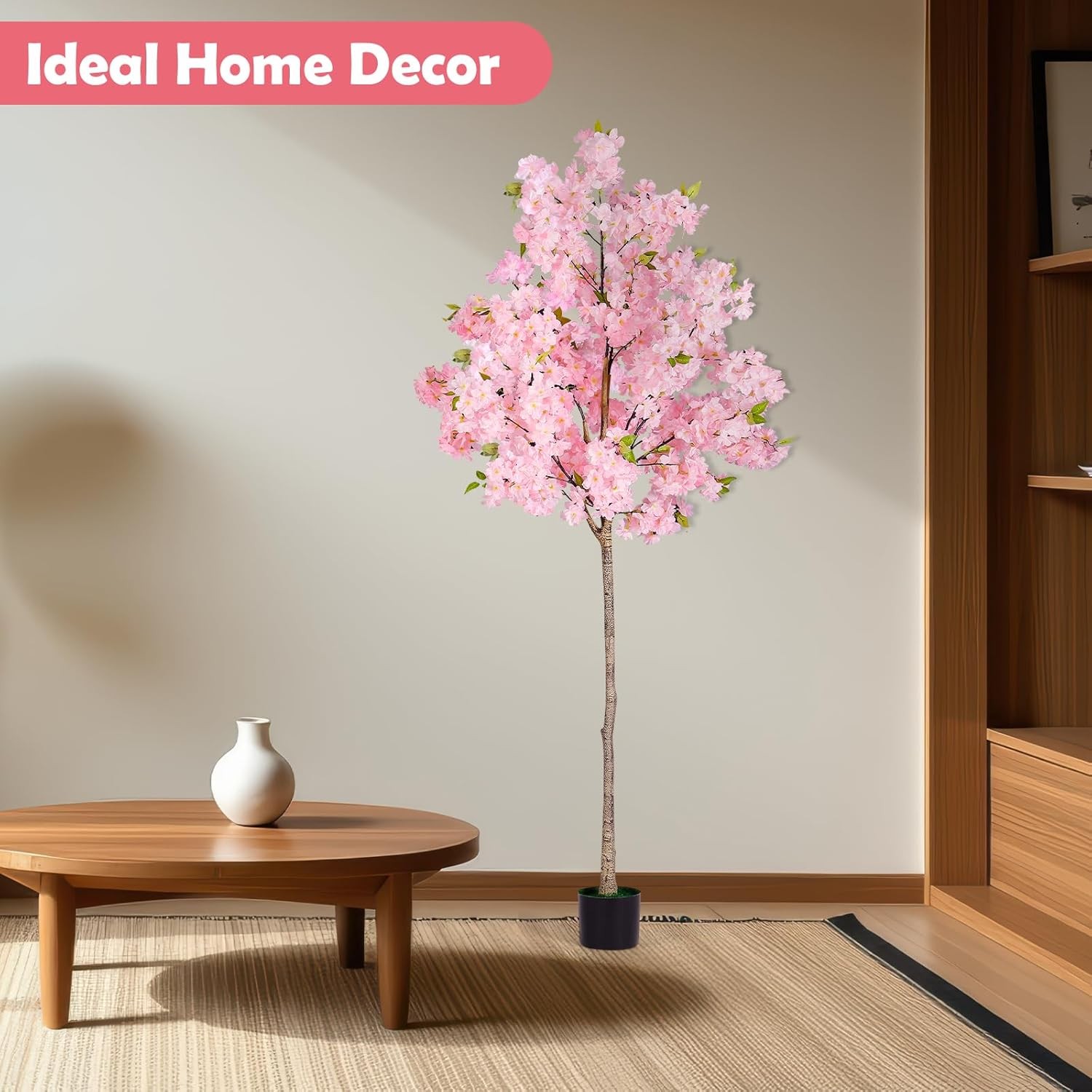 6FT Pink/White Cherry Blossom Artificial Tree, Fake Tree w/Plastic Nursery Pot