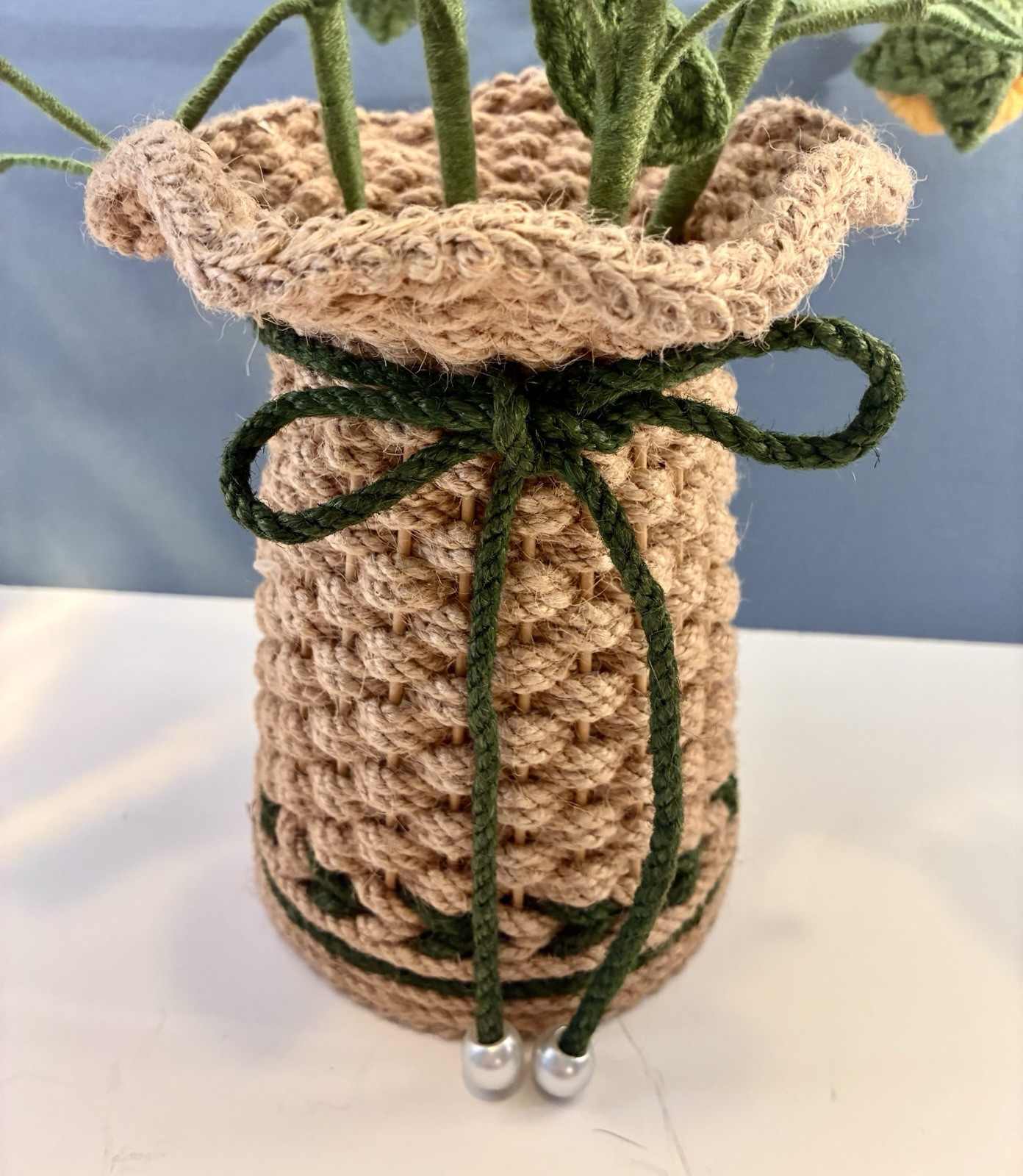 Hand Crocheted Yellow Rose Flowers in Hand Knitted Jute Basket 11”