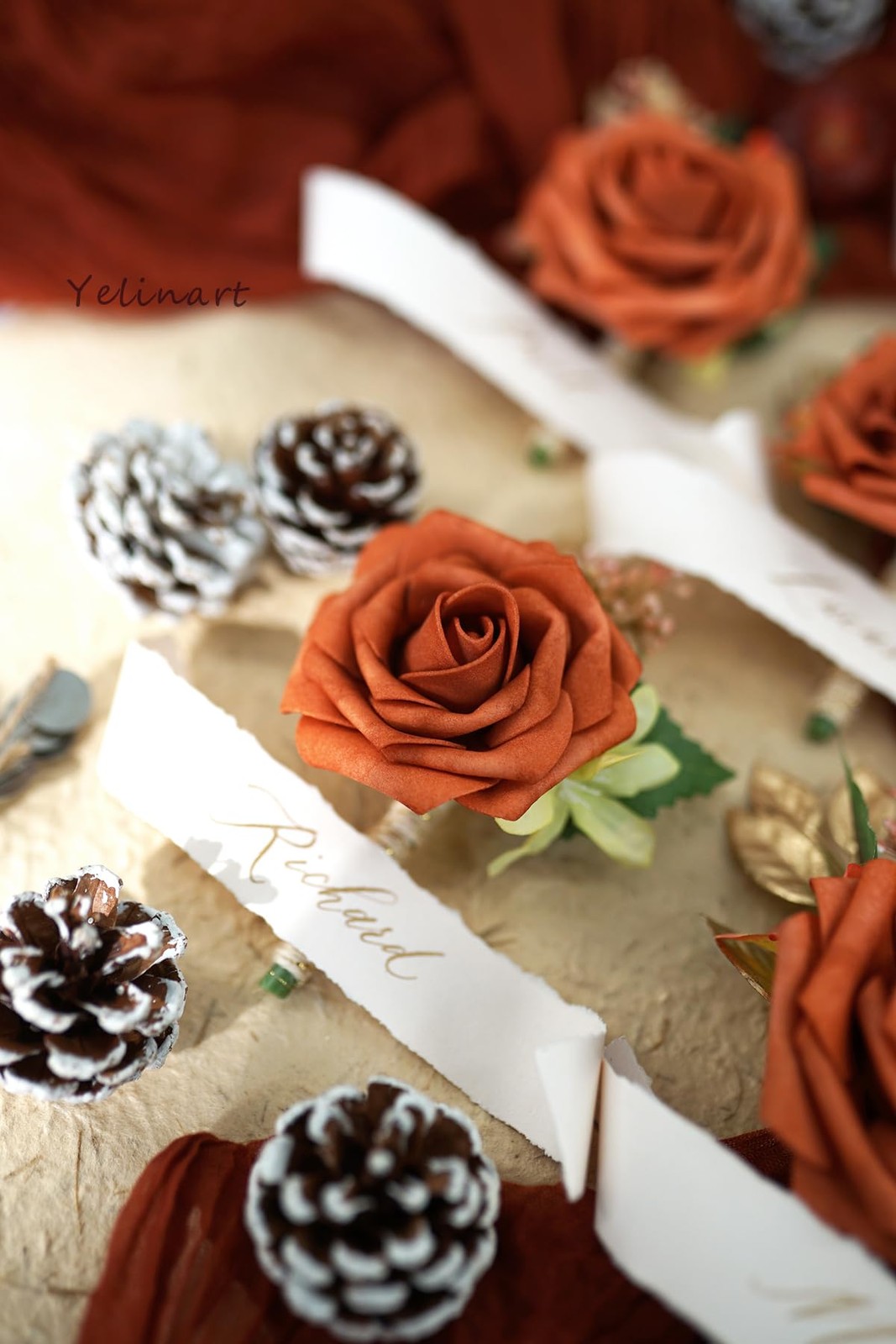 1 PCS Orange Boutonniere Men Wedding Groom Groomsmen Artificial Rose Flower