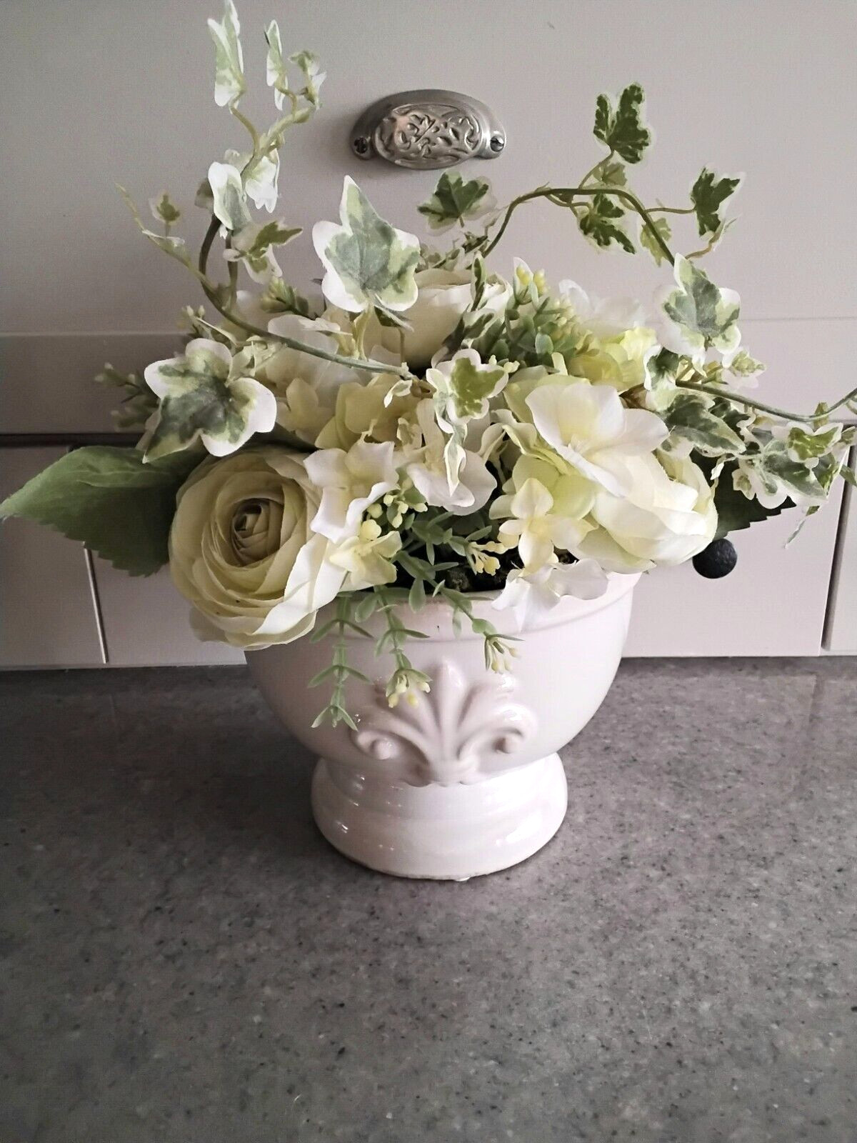 White on White Artificial Roses & Hydrangeas with Greens in Ceramic Cream Pot