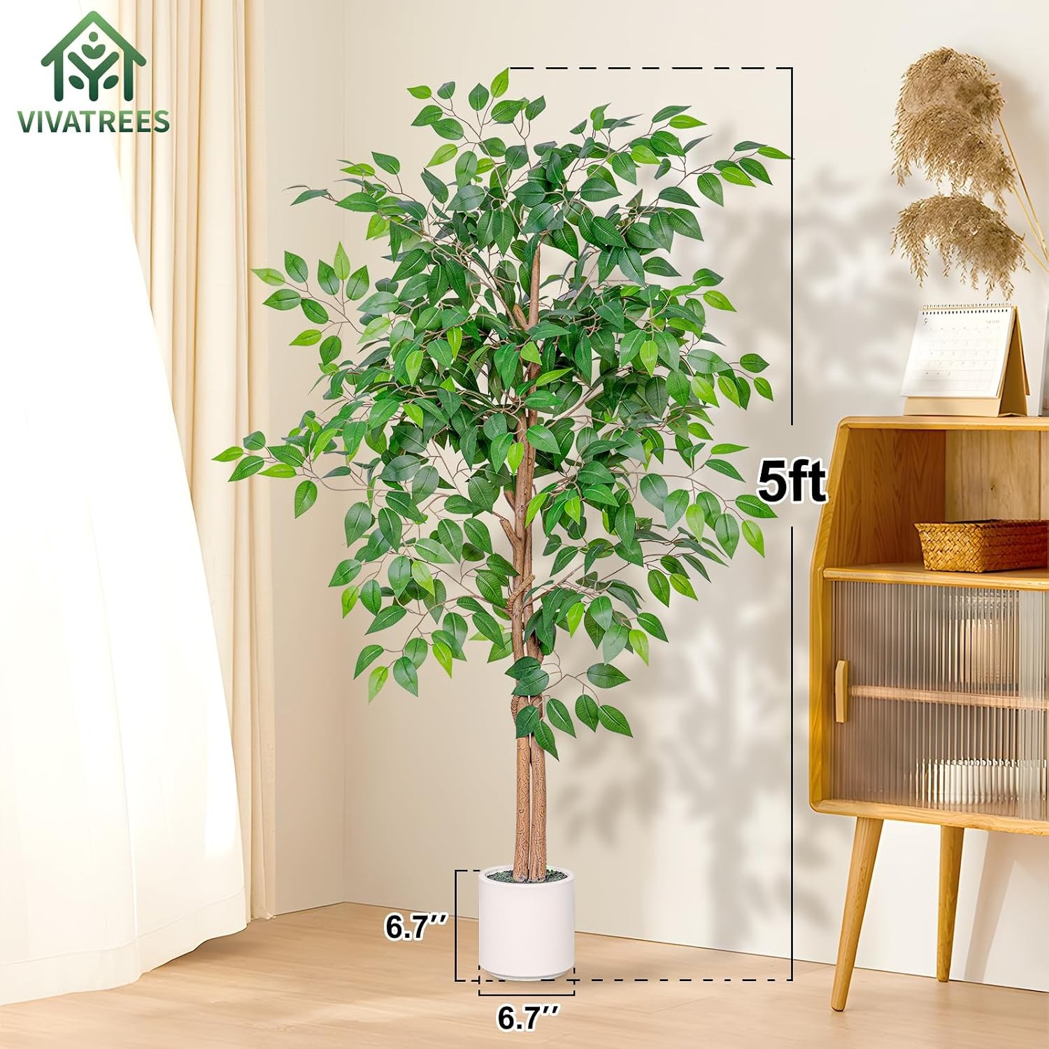 5FT Artificial Ficus Tree W/ White Planter Realistic Faux Silk Indoor Outdoor