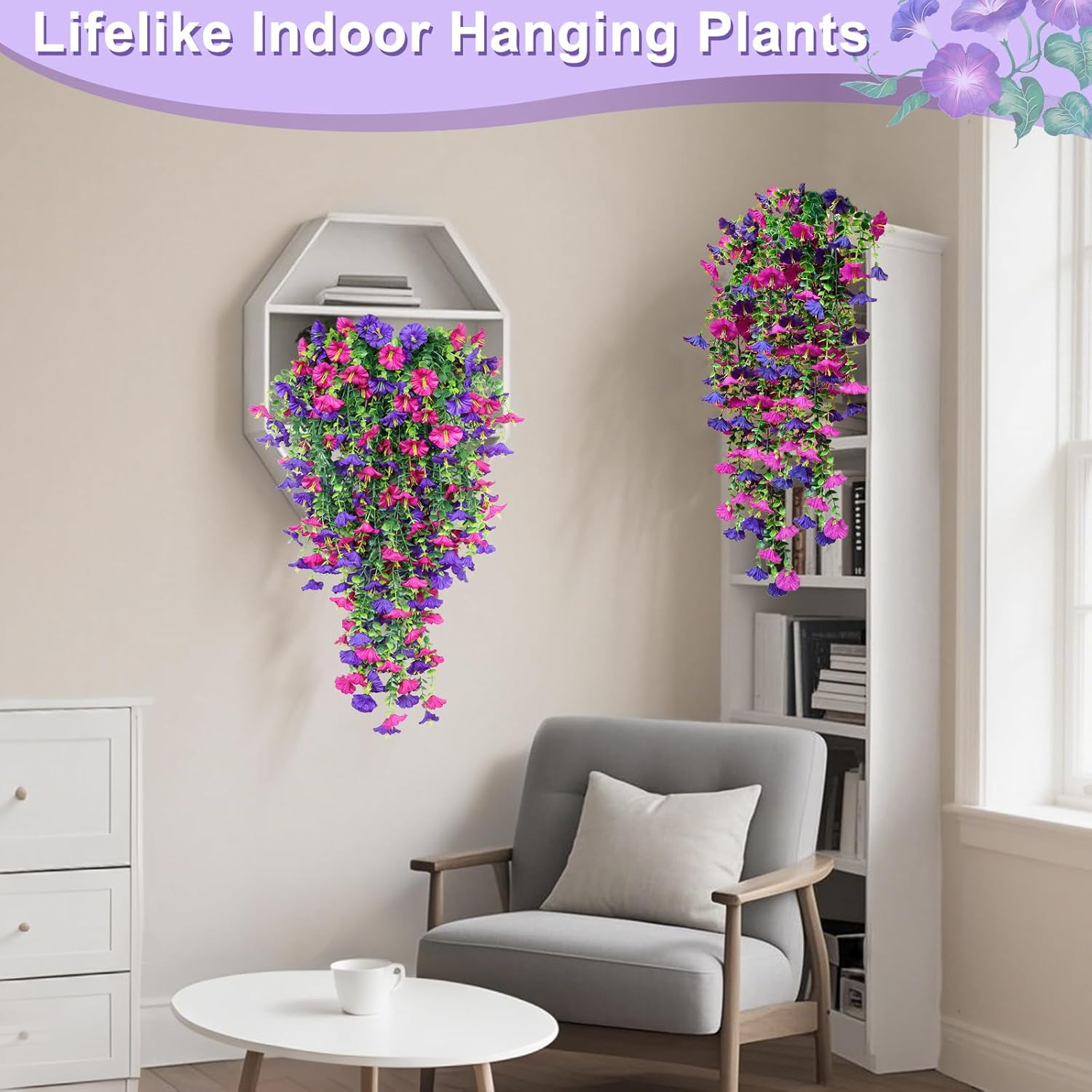 4PCS UV Resistant Faux Hanging Petunias & Eucalyptus for Outdoor Decor