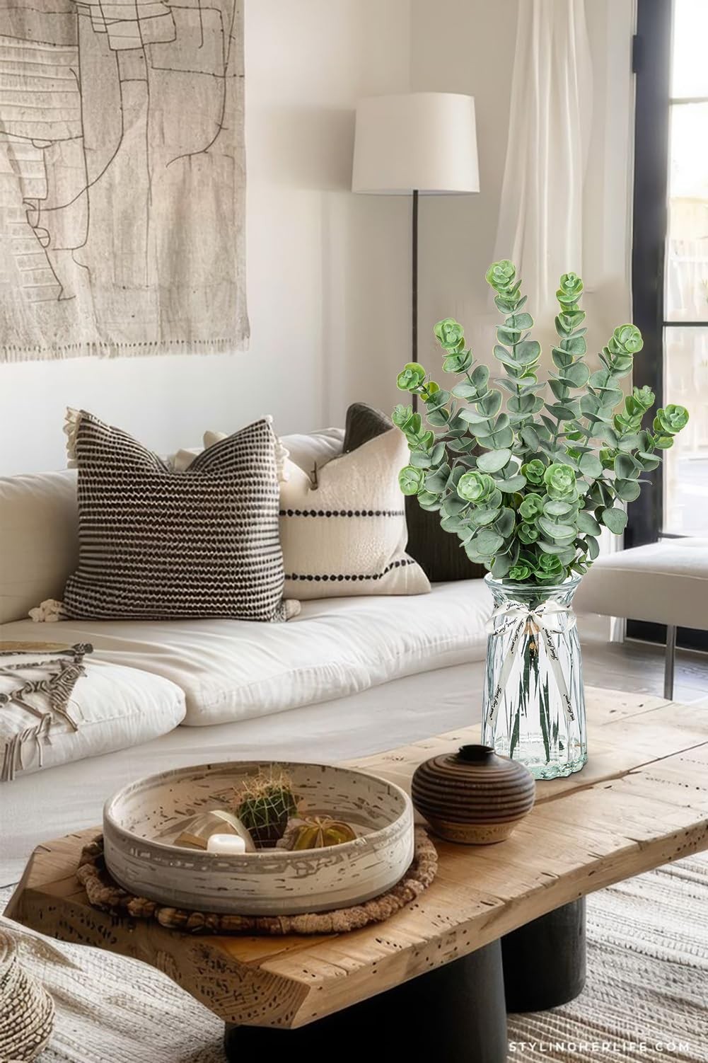 Artificial Eucalyptus Stems in Glass Vase with Faux Water, 20.4″ Fake Plant E…