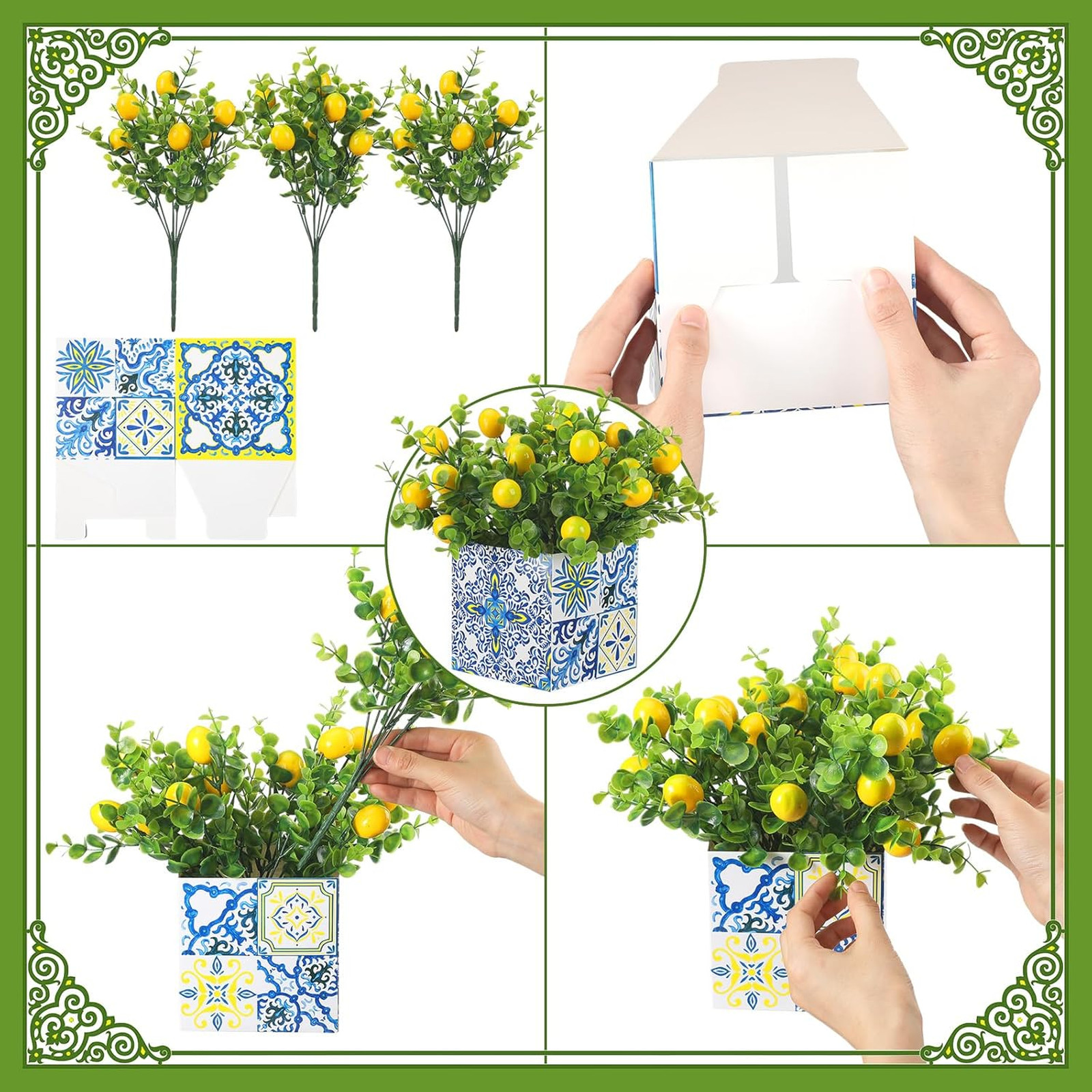 Blue Tiles Lemon Table Centerpiece Decor 8 Sets Artificial Lemon Branches for