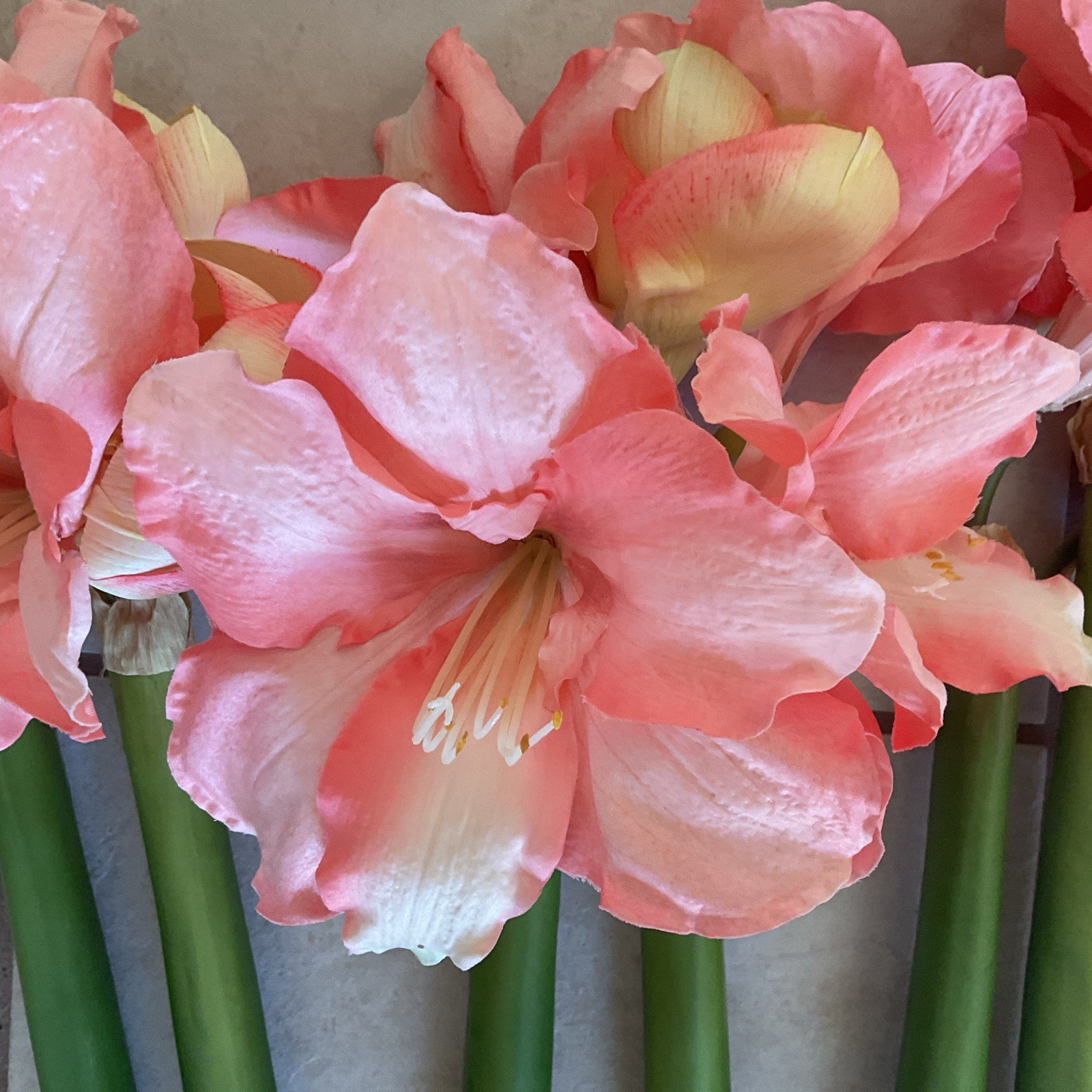 Faux Amaryllis Bundle 6 Stems 3 Blooms On Each Stem Pink Peach
