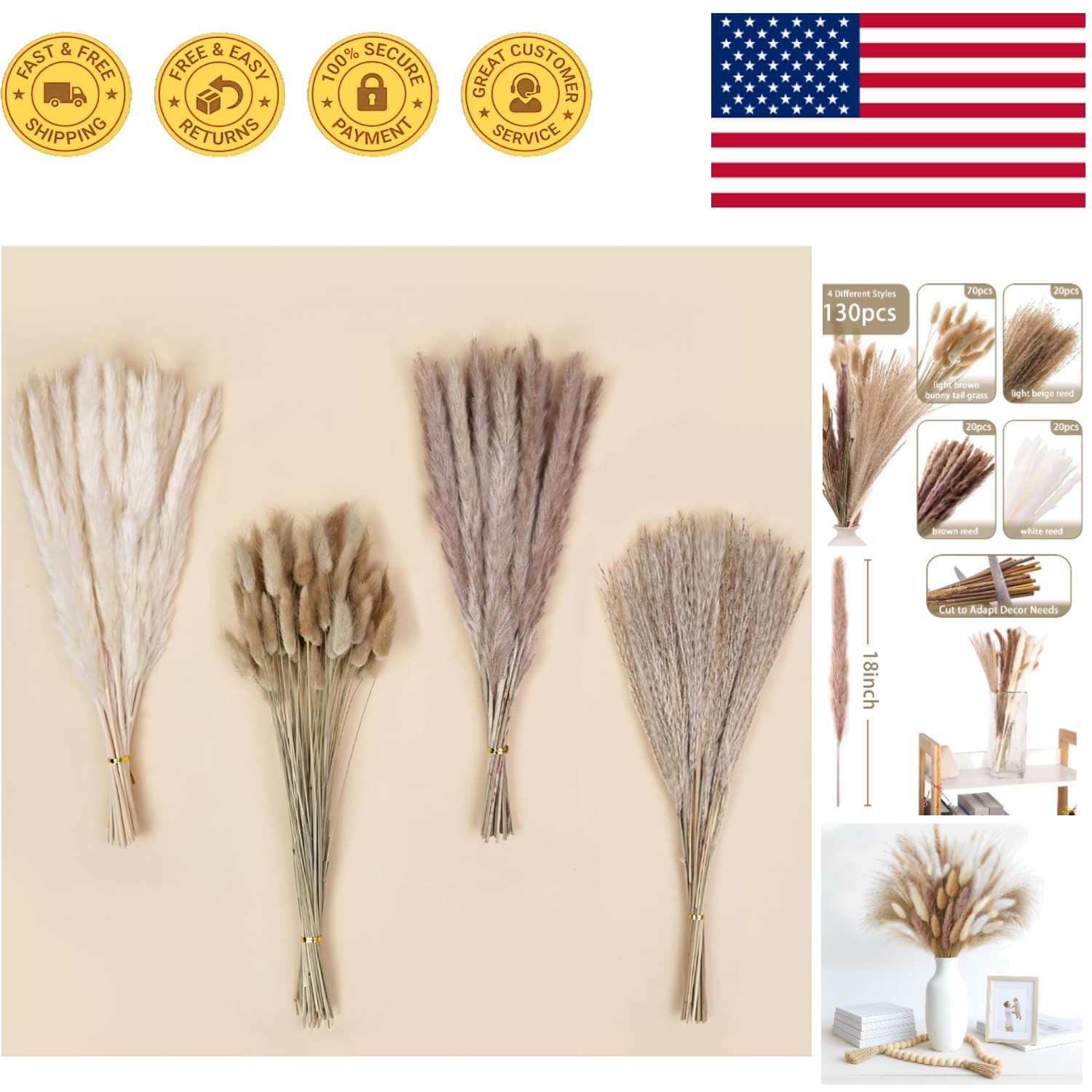 18″ Dried Pampas Grass & Bunny Tail Grass – Perfect for Rustic Fall Arrangements