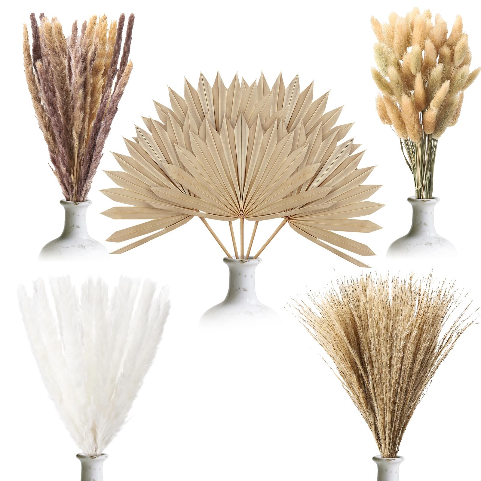 105 Pcs Boho Dried Pampas Grass & Palm Leaves, Natural Pampas Grass Decor Spe…