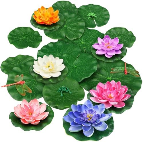 22 Pack Artificial Floating Foam Lotus Flowers with Artificial Frog Lotus Leaves