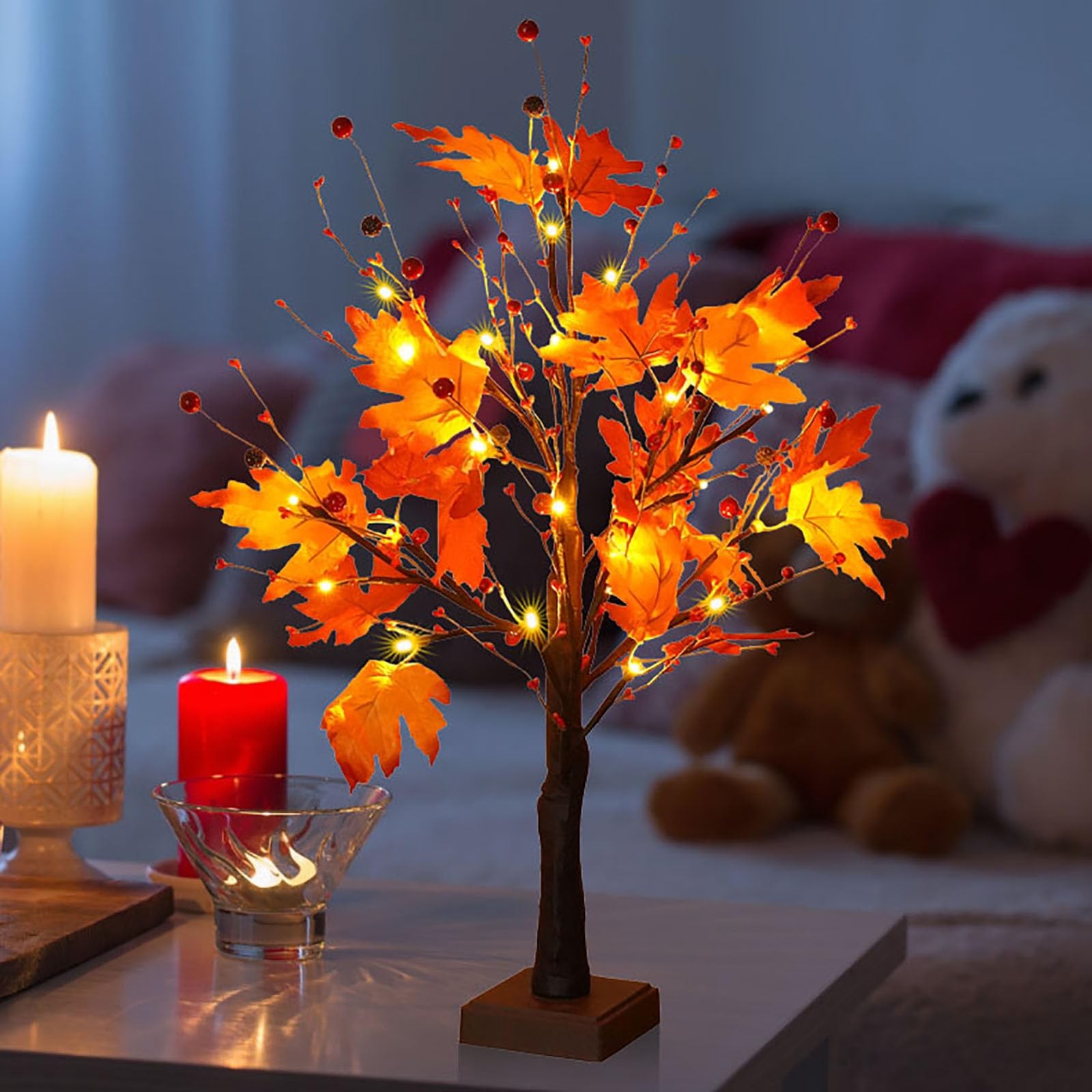 2 FT Artificial Tree with Lights for Fall Decor, 24 LED Autumn Maple Tree for…