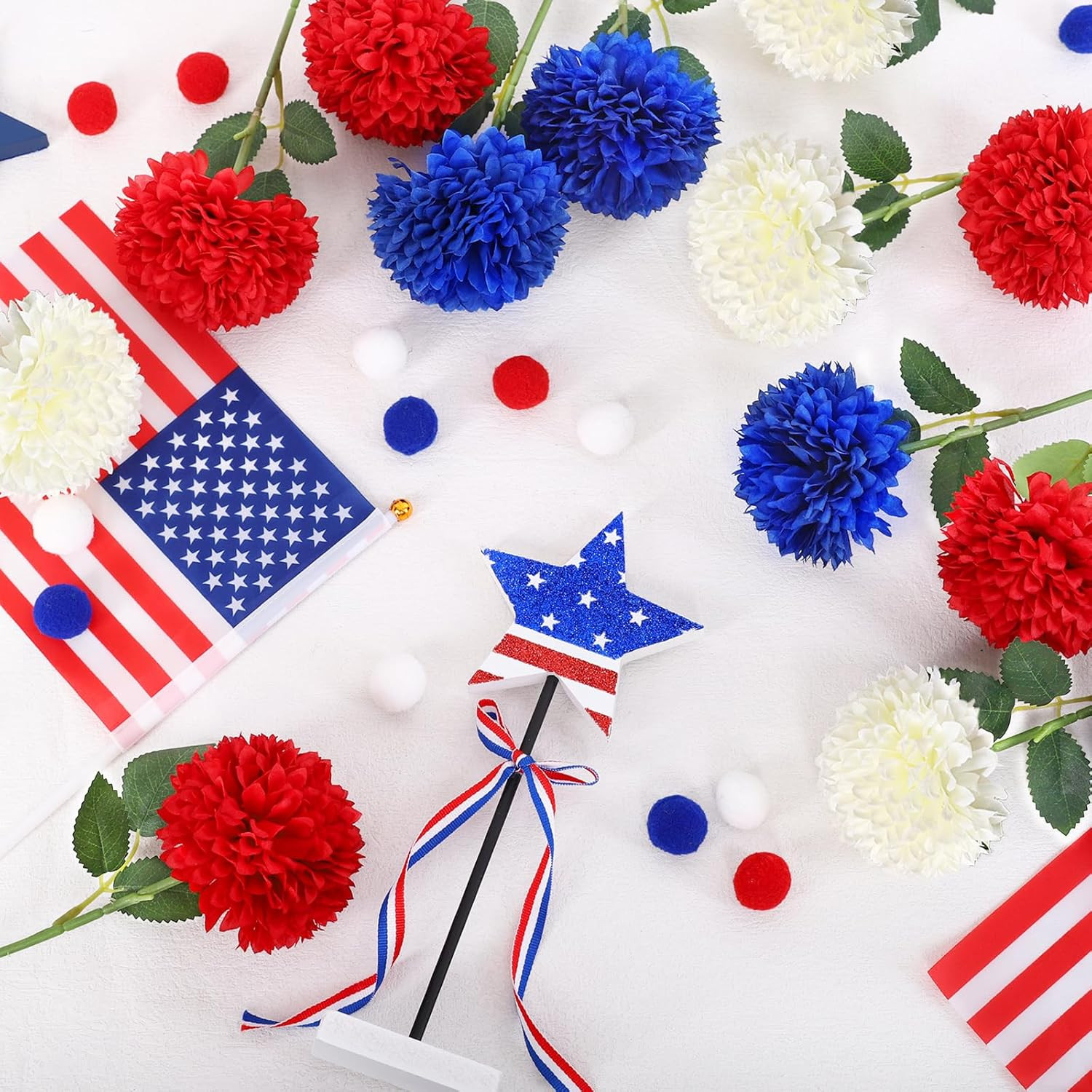 12 Pcs Artificial Chrysanthemums Flowers Patriotic Flower, 4Th of July Fake Mums
