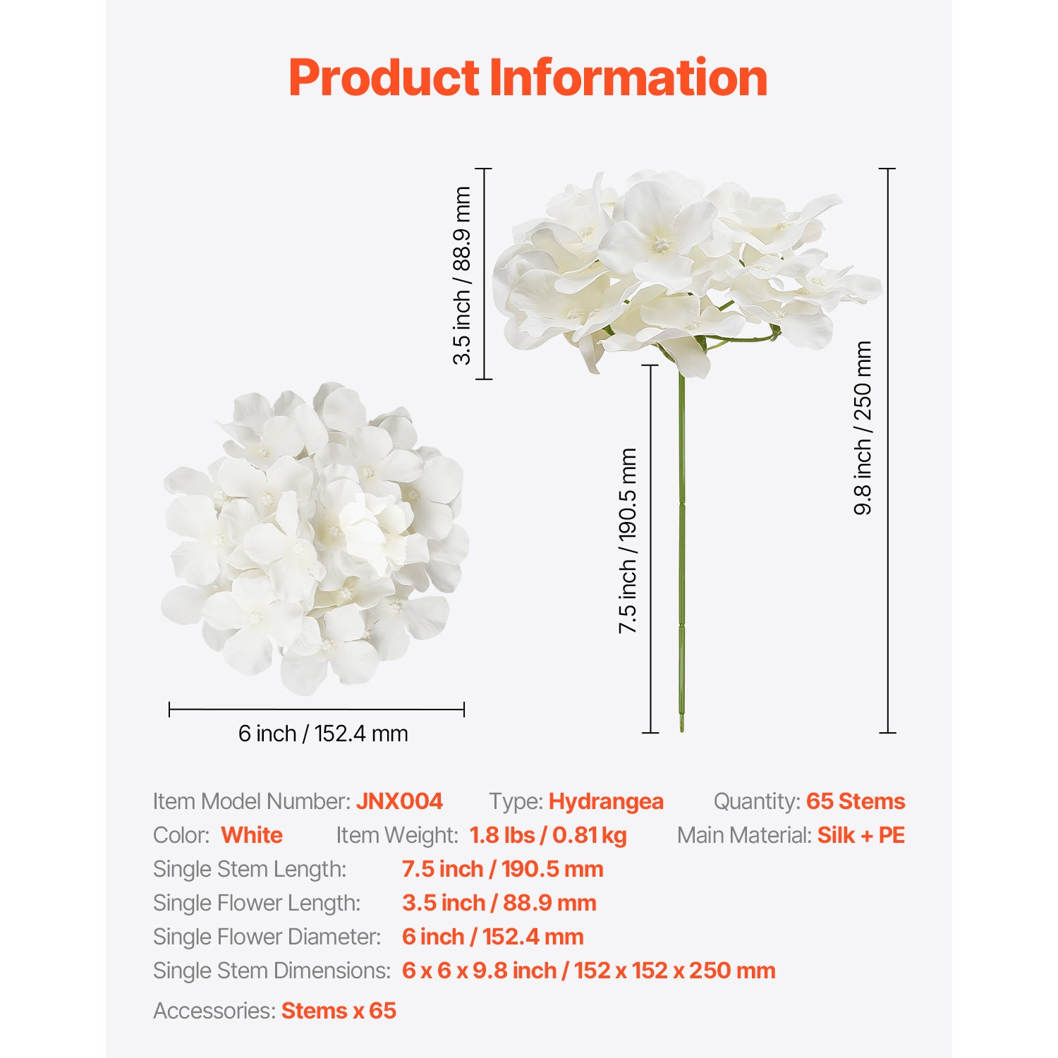 65 Pcs Artificial Silk Hydrangea Flowers 9.8 In Bouquet Arrangement White
