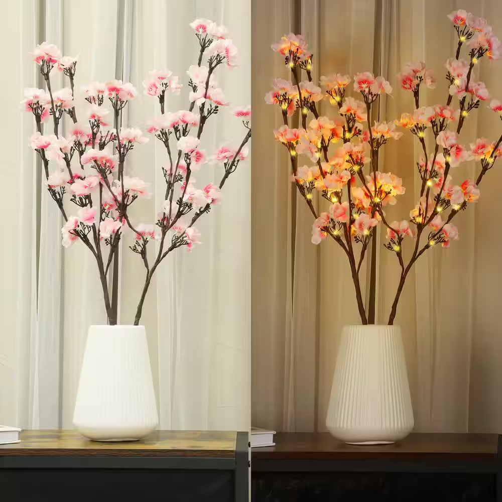 30 In. Pink Artificial Plum Blossom Lights Home Decoration 2Pcs Set Individual F
