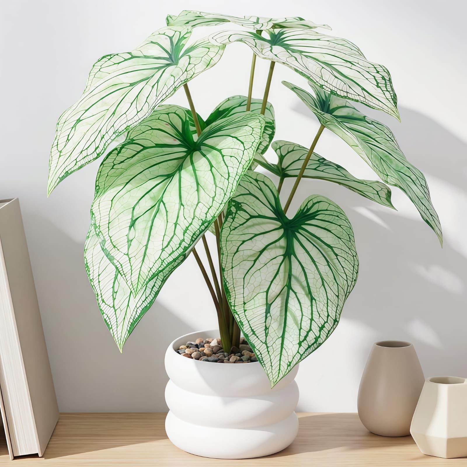 Faux Caladium Bicolor Plants in White Pot, 15.7″ Tall Fake Alocasia Potted Se…