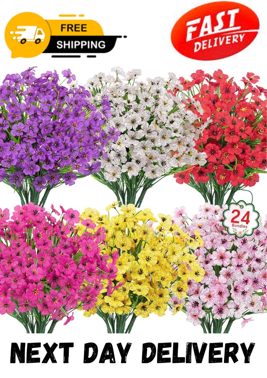 24 Bundles Artificial Flowers for Outdoors UV Resistant Silk Fake Faux Flowers