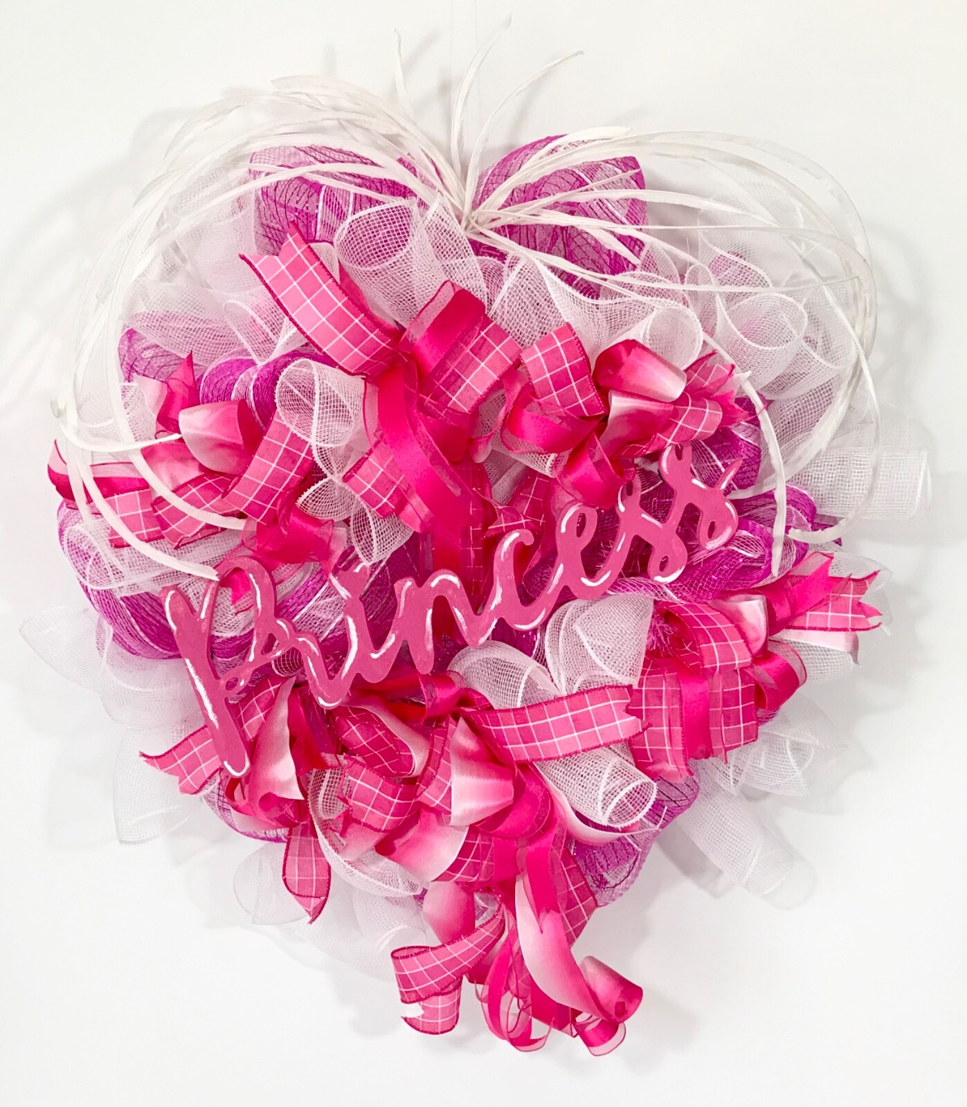 LARGE BRIGHT PINK WHITE DECO MESH PRINCESS WOOD SIGN DOOR WREATH GIRL ROOM NEW