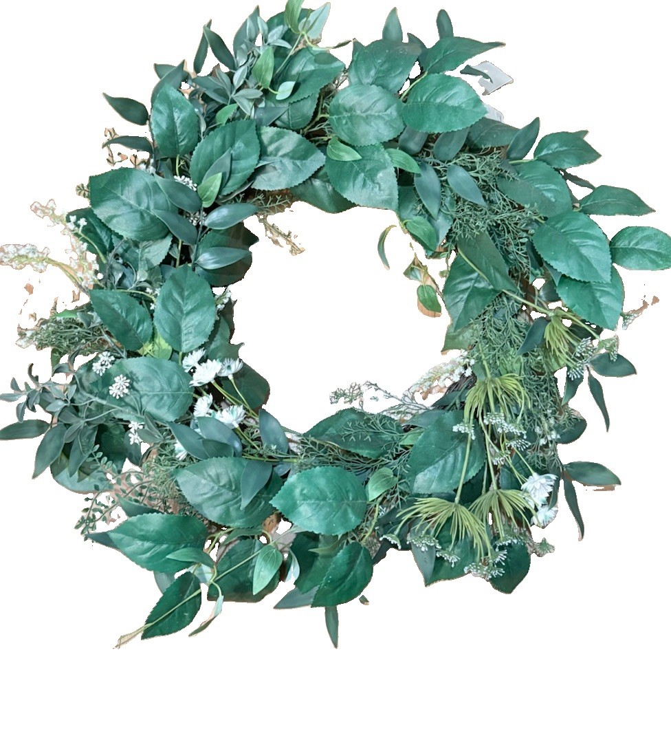 24” Artificial Greenery Wreath Mixed Foliage White Flowers Farmhouse Décor