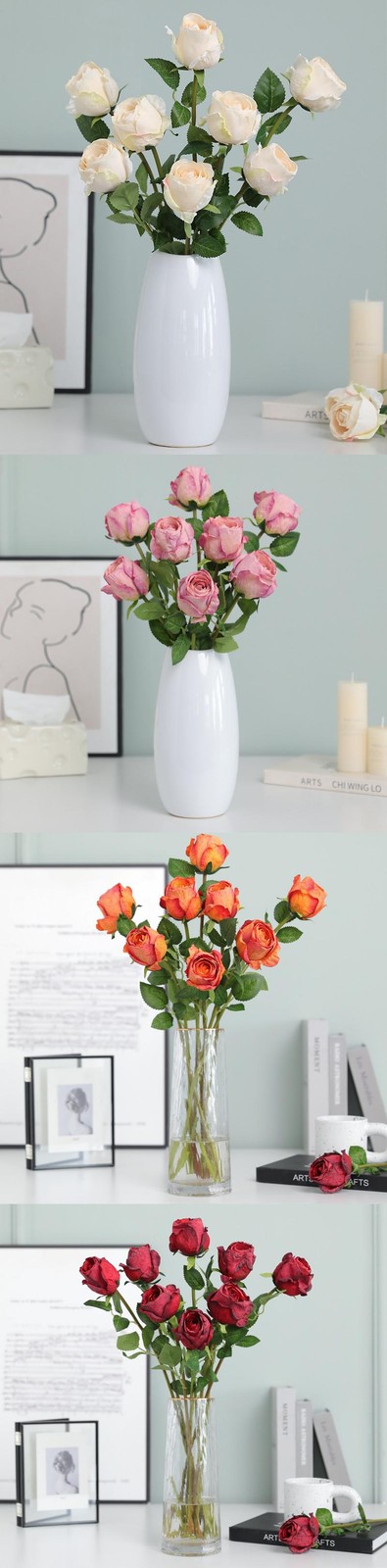 5PCS Artificial Burnt Edge Rose Buds 58cm Wedding Home Table Decor Photo Props