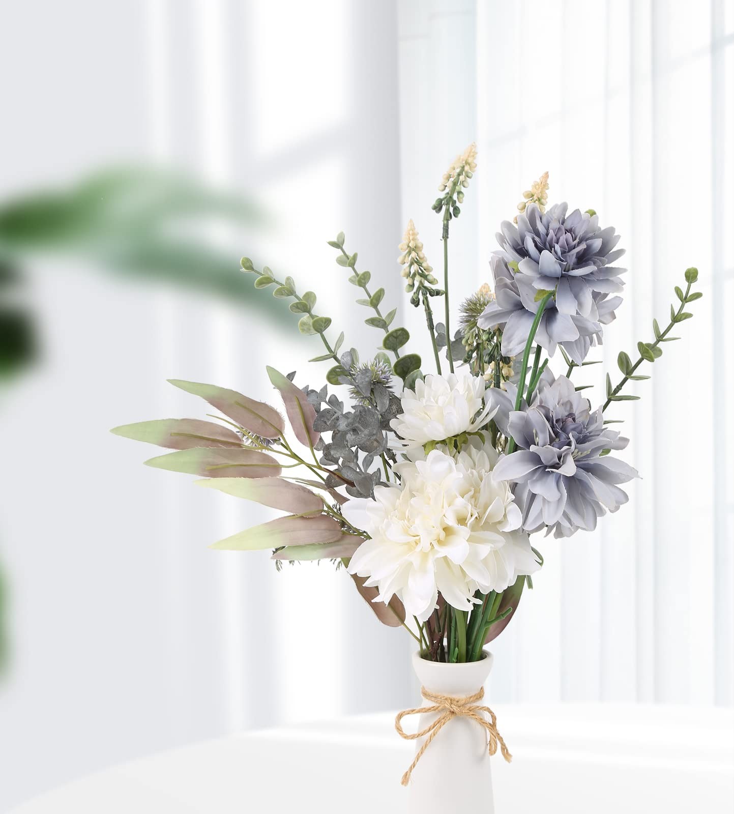 White Grey Silk Artificial Fake Faux Flower Bouquet For Vase Table Decor