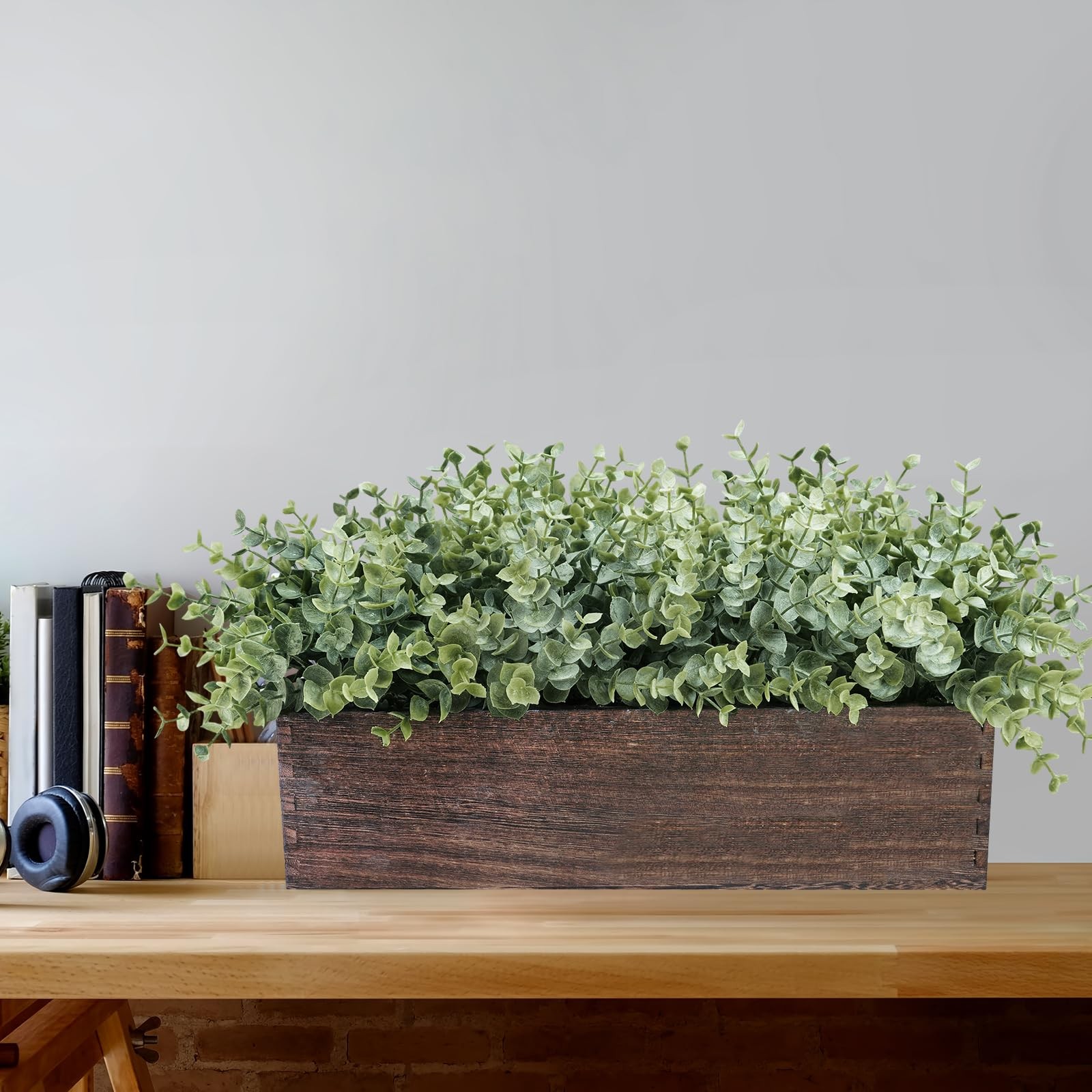 Winlyn 14″ Artificial Eucalyptus in Rectangular Wood Planter Box Faux Plants