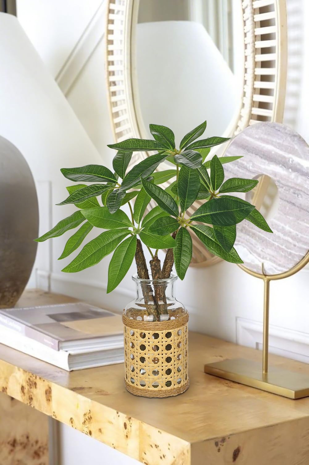 Fake Money Tree Leaves Stems in Woven Glass Vase with Faux Water 11.8″ Artifi…