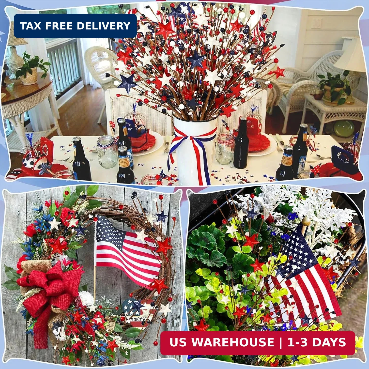 JUNEBRUSHS 6 Pack Patriotic Artificial Berry Stem Picks Red White and Blue Artif
