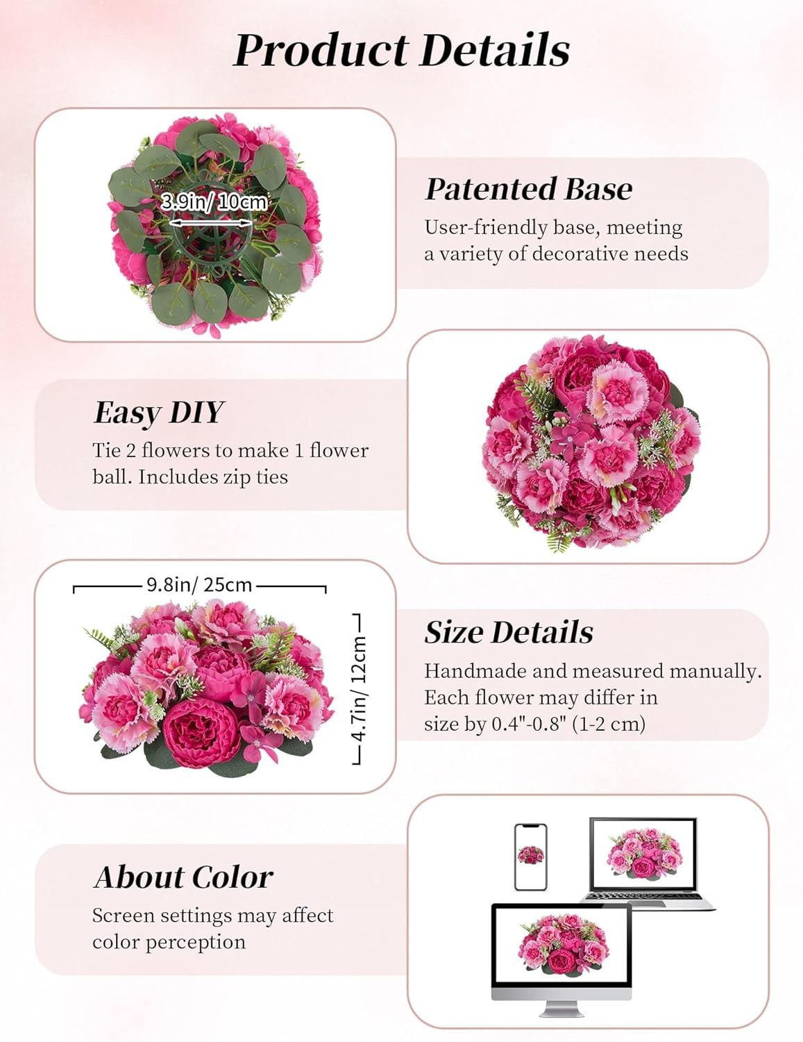 Faux Peony Flowers centerpieces: 10pc 9.5 Inch Hot Pink Floral Ball Arrangement