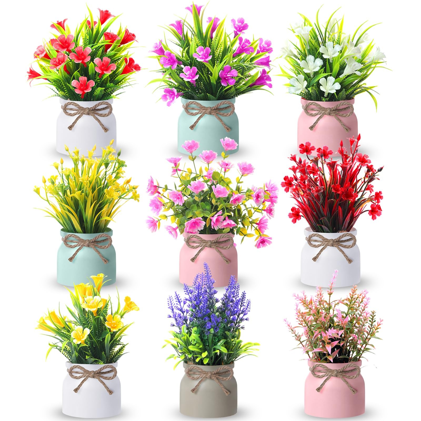 9 Pack Small Artificial Potted Flowers Spring Floral Tables Centerpieces Mini…