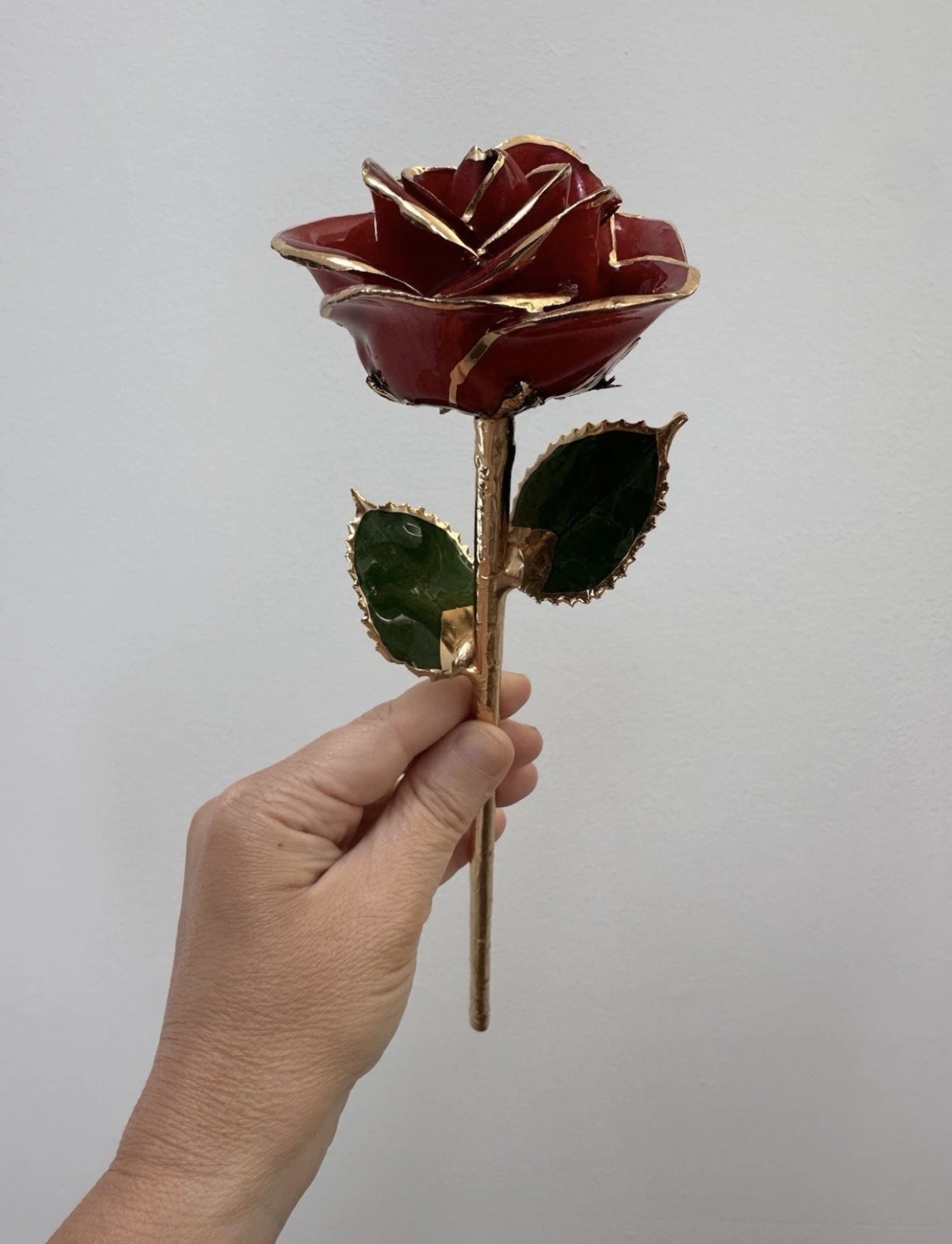 Steven Singer Jeweler Real Rose Preserved Dipped in 24 Karat Gold Red No Box 12”