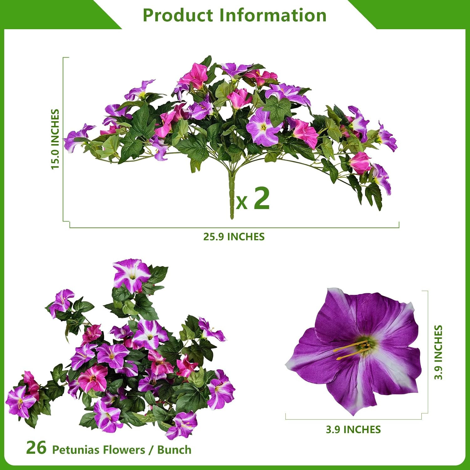 2PCS UV Resistant Faux Petunia Flowers for Outdoor & Indoor Decoration