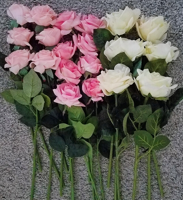 SET OF 20 REAL TOUCH ARTIFICIAL PINK CREAM WHITE FLOWERS ROSES STEMS PICKS