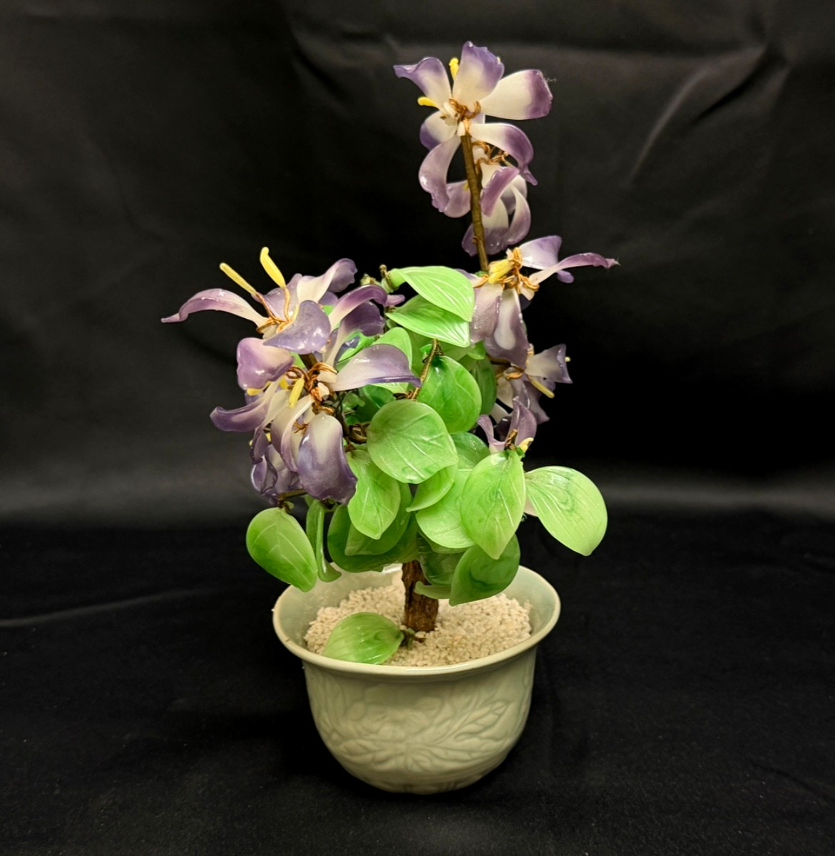 Vintage Jade & Glass Handmade Bonsai Tree Purple & White Flowers 11”