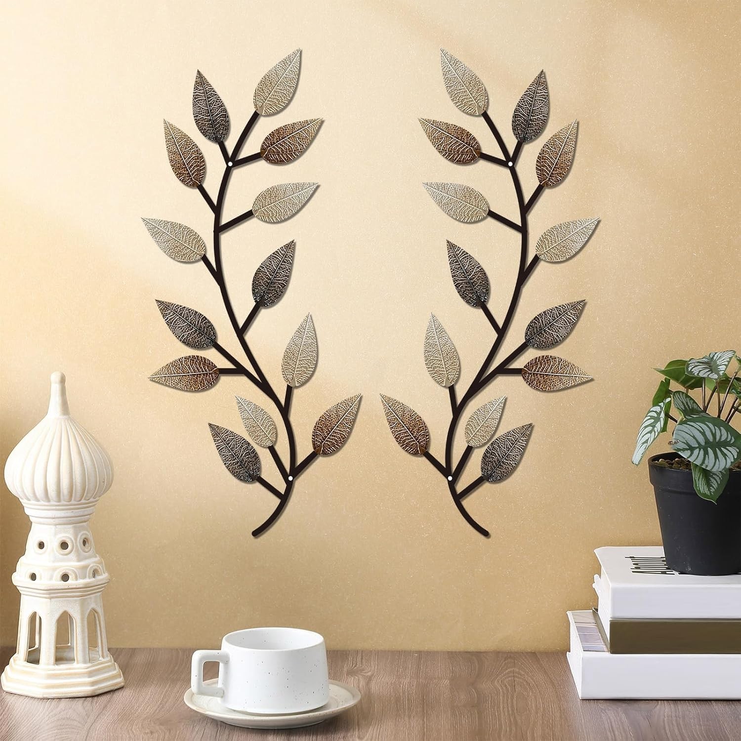 2 Pieces Metal Tree Leaf Wall Decor Vine Olive Branch Leaf Wall Art Living Ro…