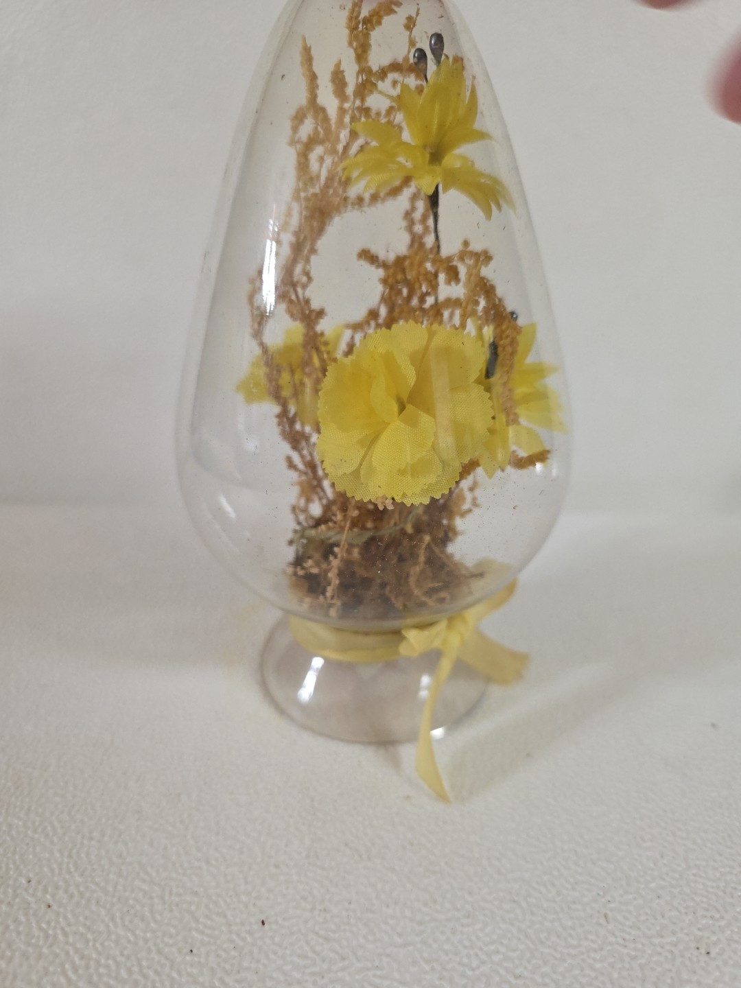 Vintage Clear Glass Dome Egg Cloche with Dried & Silk Flowers Yellow Bow