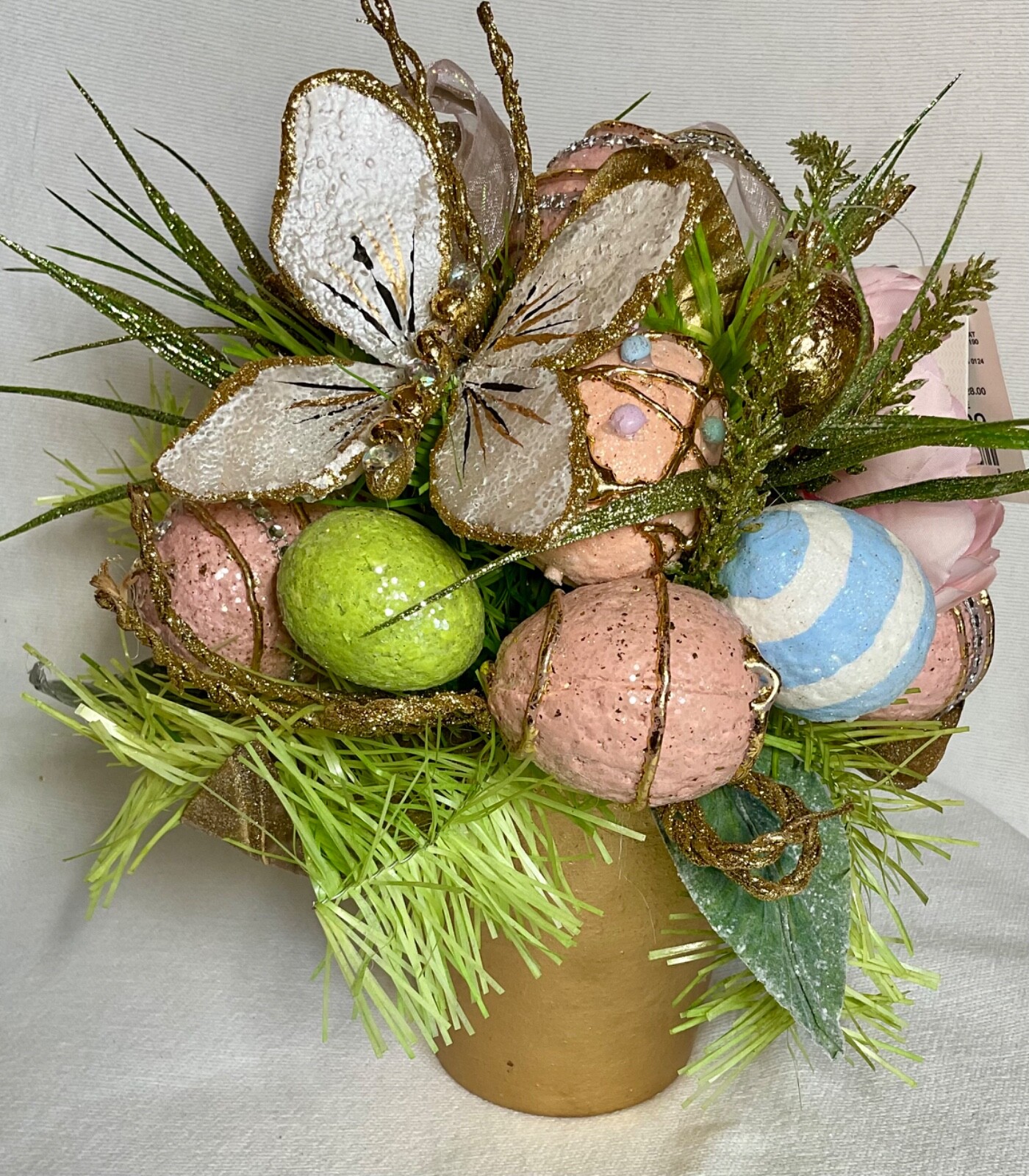 EASTER SPRING EGG FLOWER BUTTERFLY CAPIZ ARRANGEMANT 11 INCHES TALL PASTEL NWT