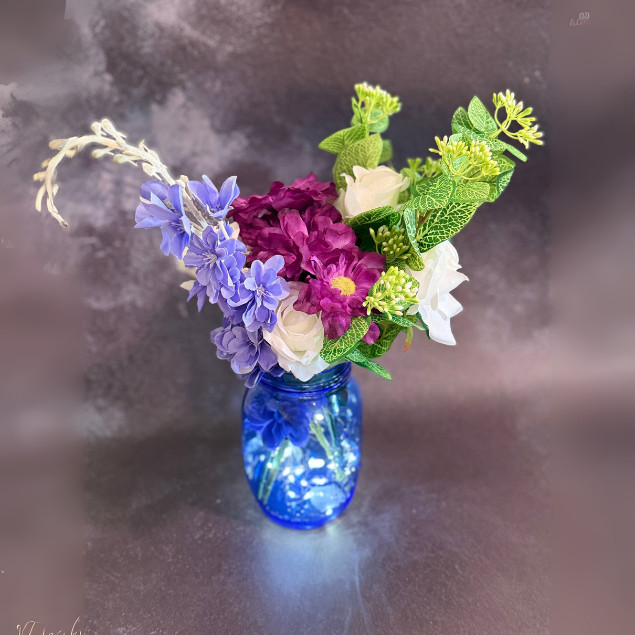 Purple White Rose Faux Floral Arrangement Blue Mason Jar LED Lights Home Decor