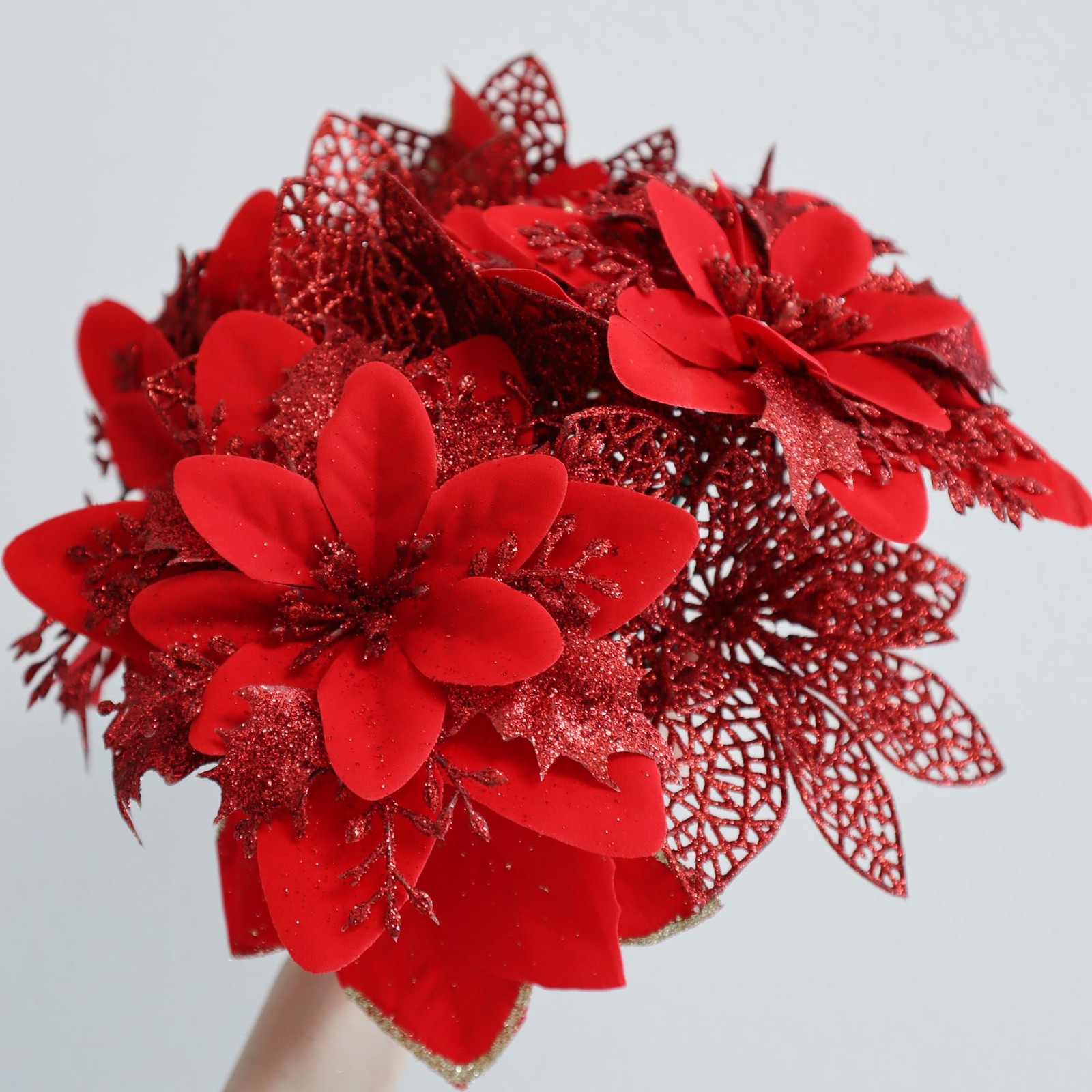 48 Pcs Fake Poinsettia Glitter Flowers and Berry Stems Artificial Red Christm…